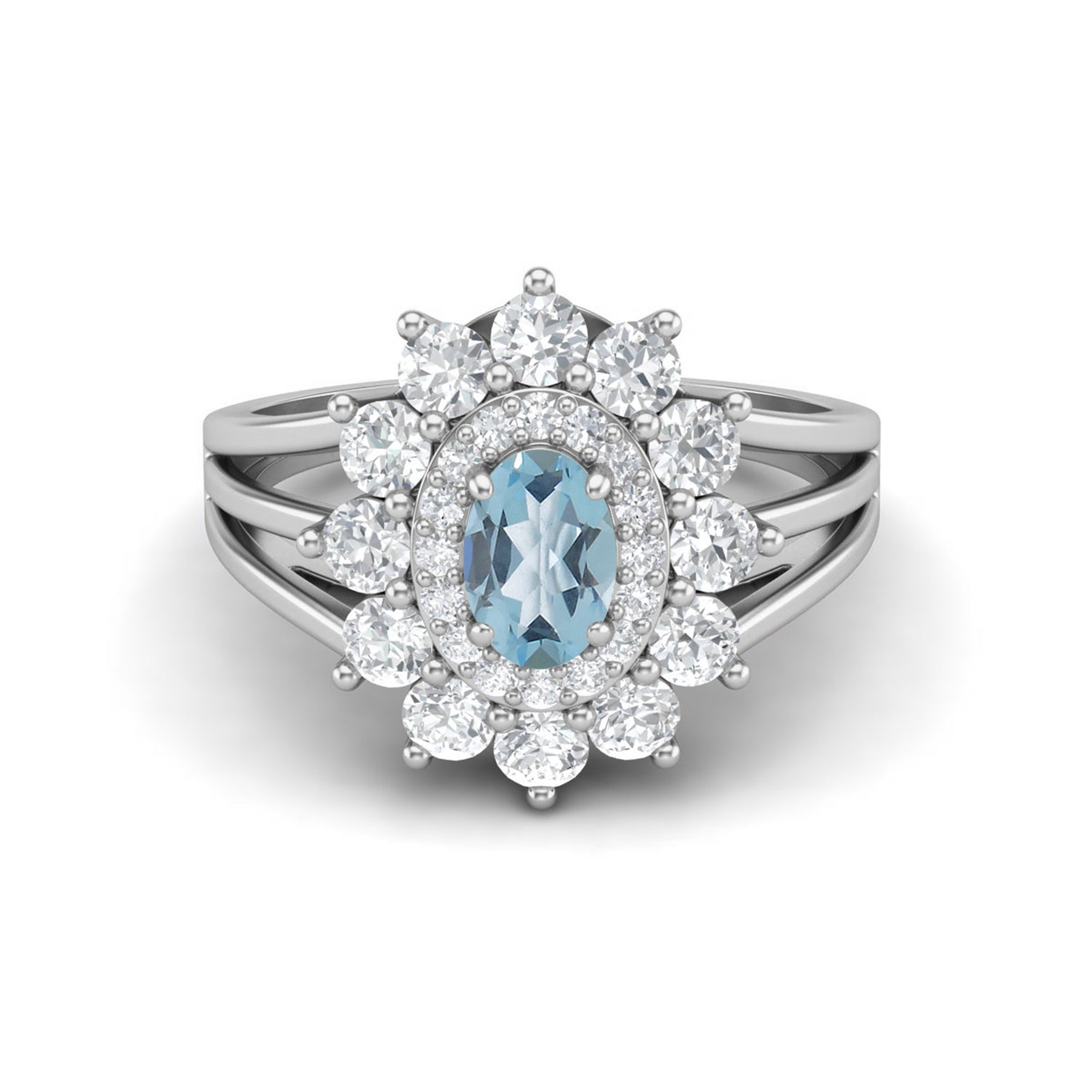 Blue Topaz Floral Halo Ring - Sterling Silver