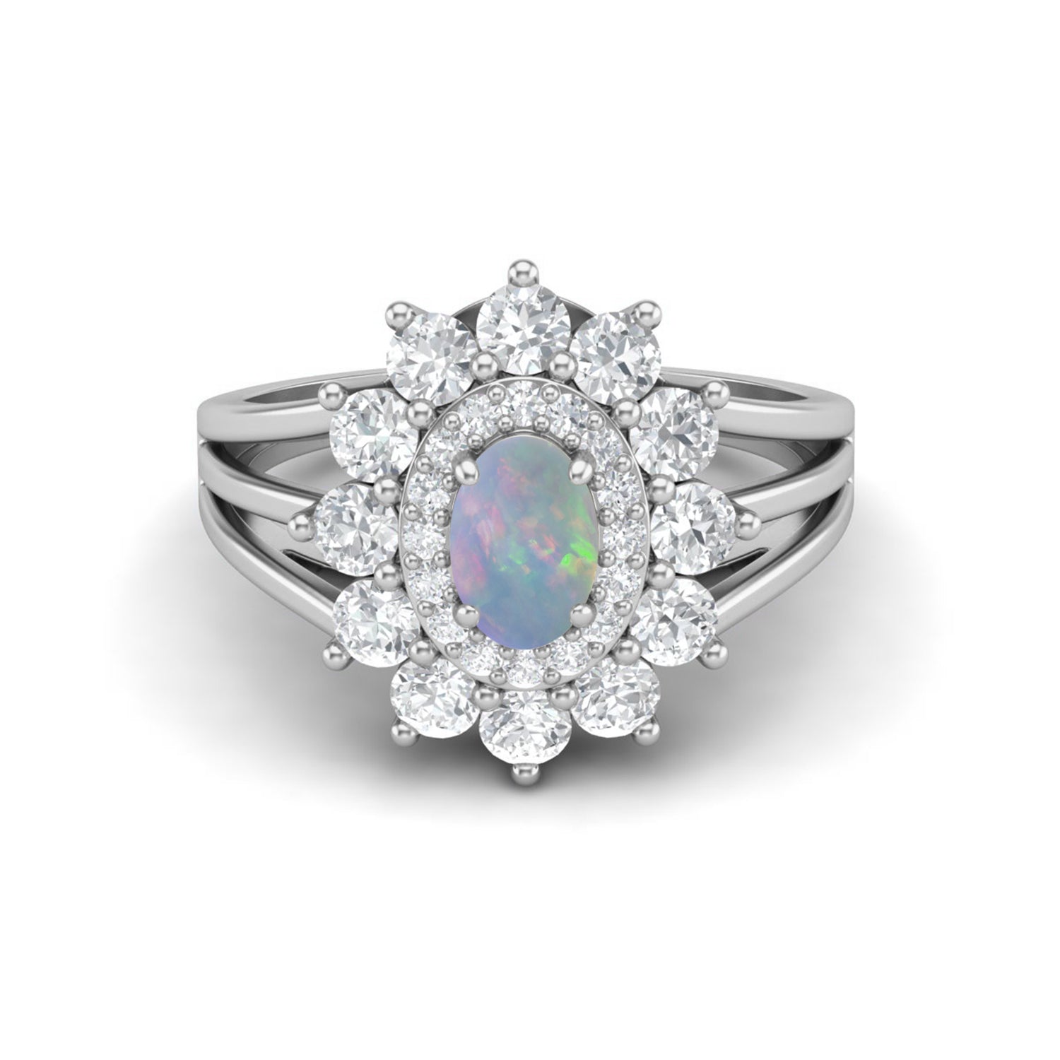Opal Floral Halo Ring - Sterling Silver