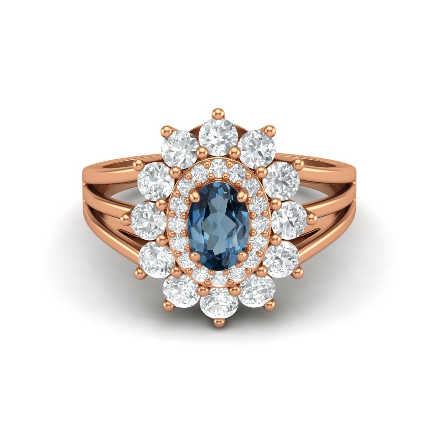 London Blue Topaz Floral Halo Split Shank Ring – Sterling Silver