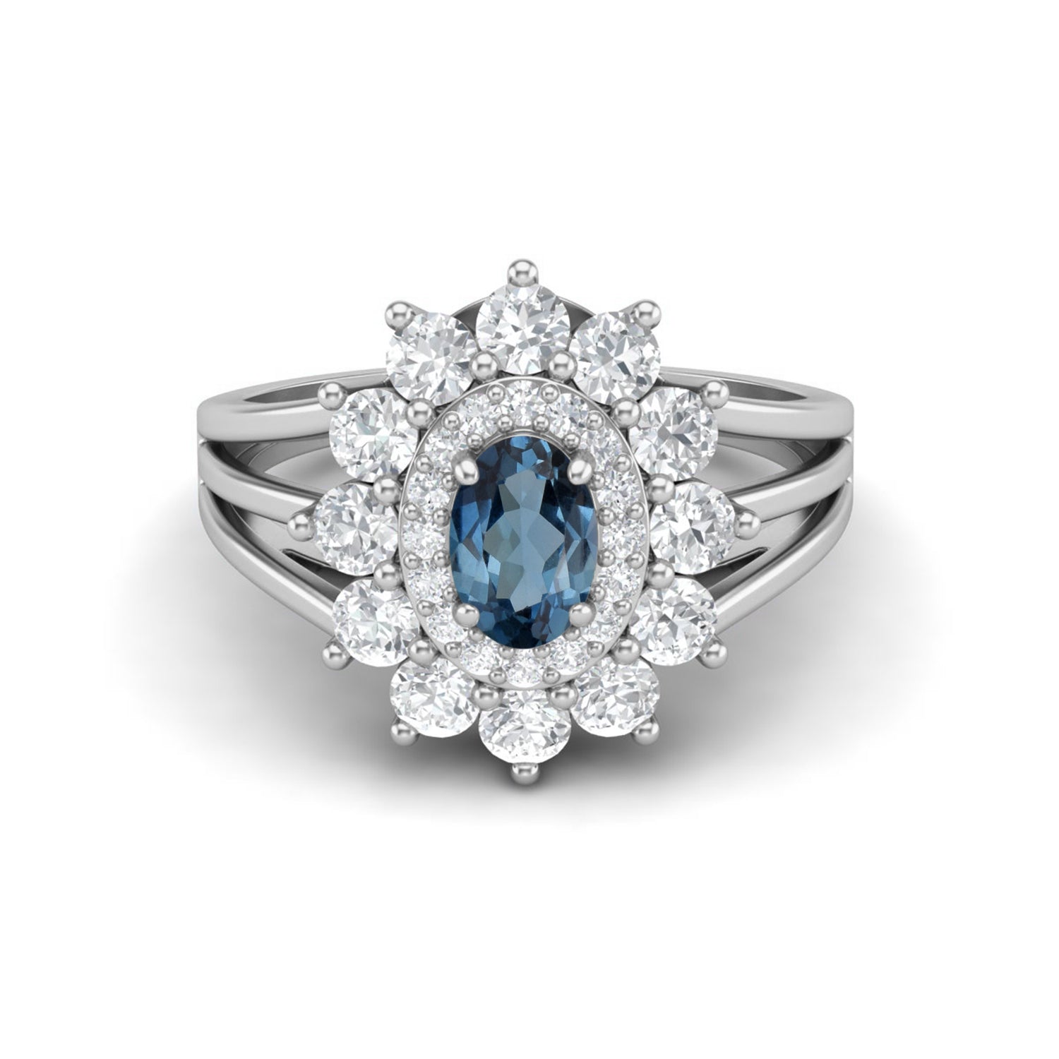 London Blue Topaz Floral Halo Split Shank Ring – Sterling Silver
