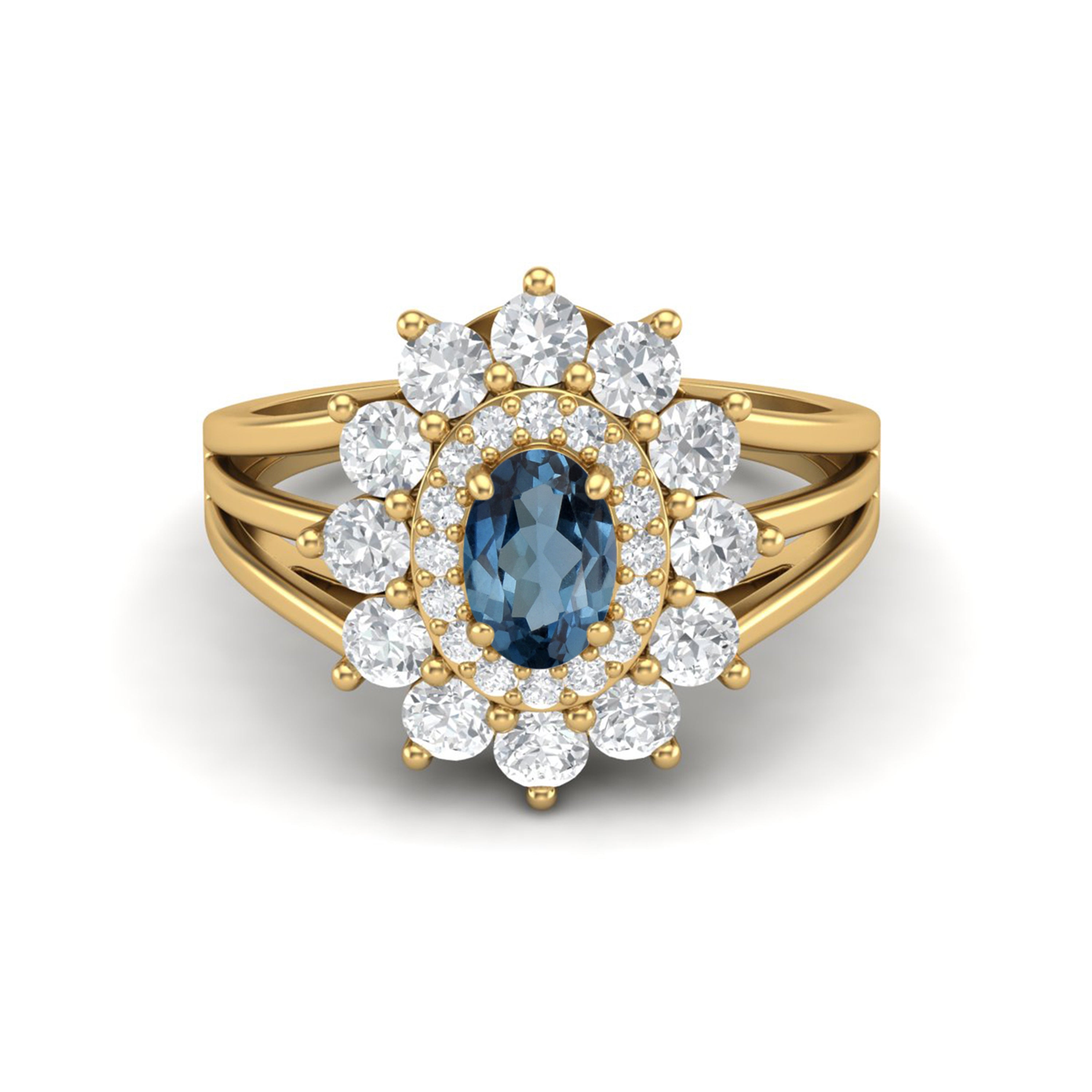 London Blue Topaz Floral Halo Split Shank Ring – Sterling Silver