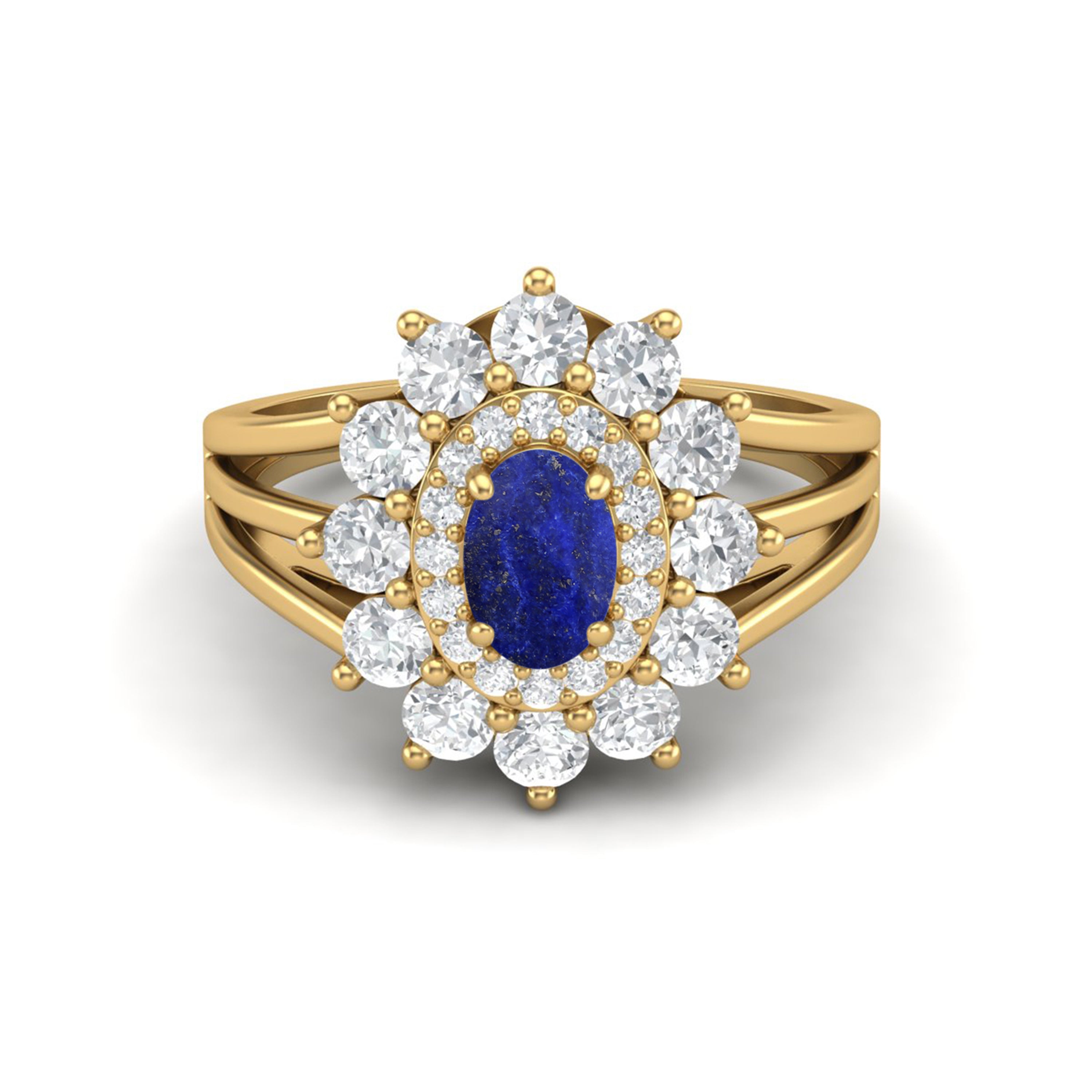 Anello di fidanzamento in argento sterling 925 con lapislazzuli e anello nuziale Art Déco Halo