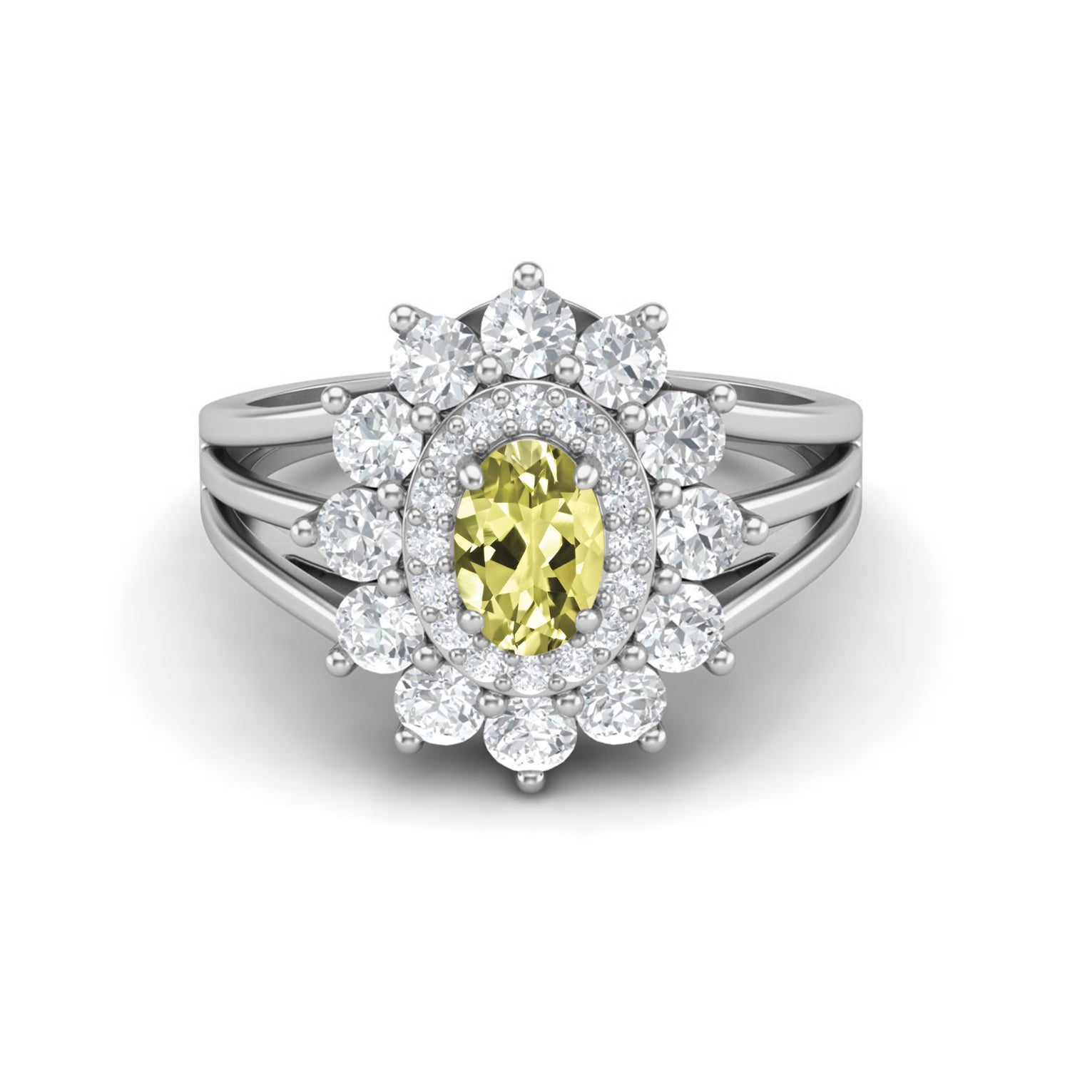 Lemon Quartz Floral Halo Ring - Sterling Silver