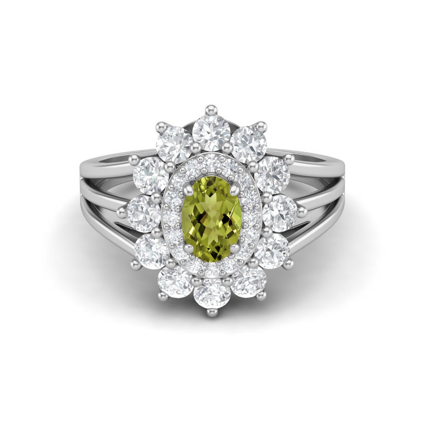 Peridot Floral Halo Ring - Sterling Silver