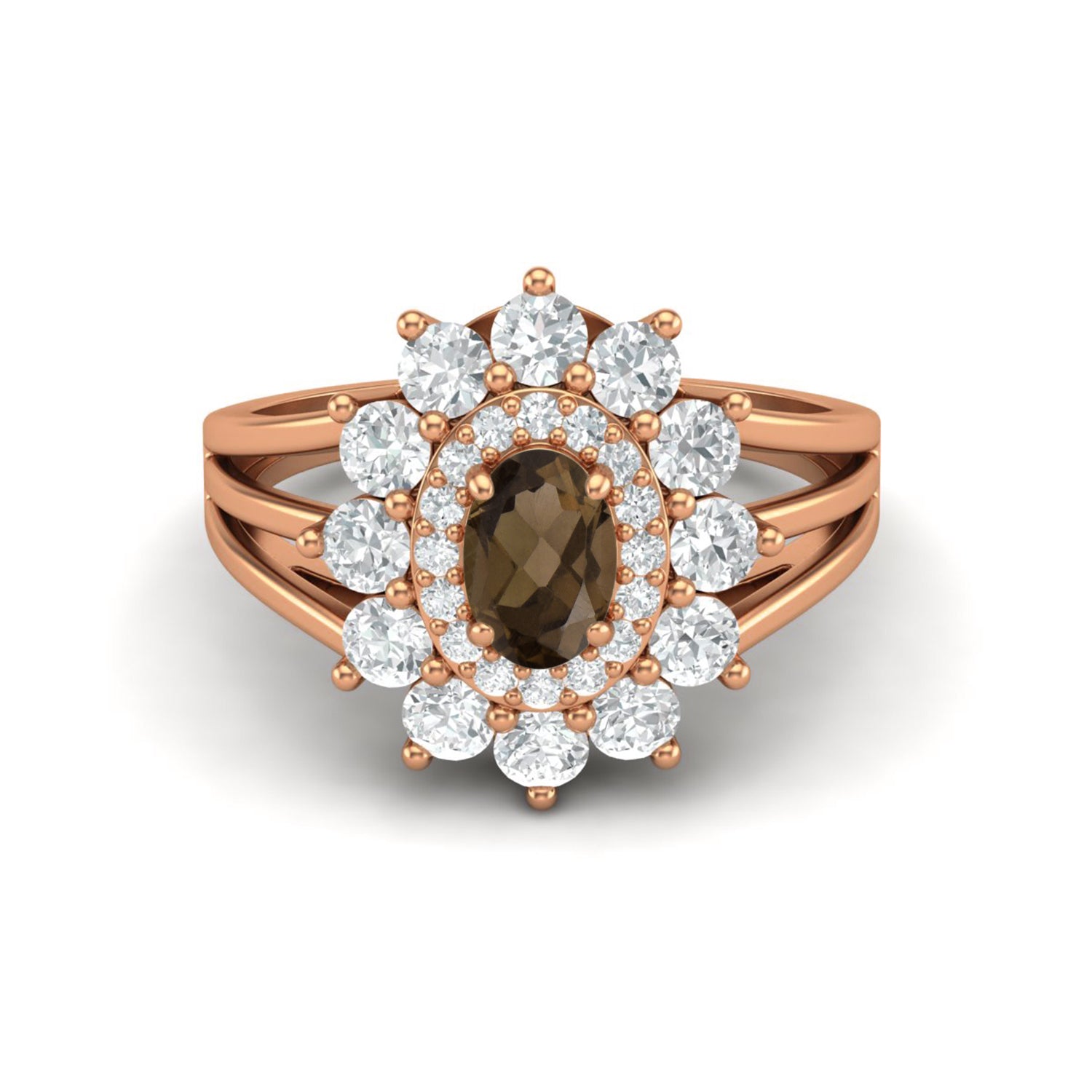 Smoky Quartz Floral Halo Ring - Sterling Silver
