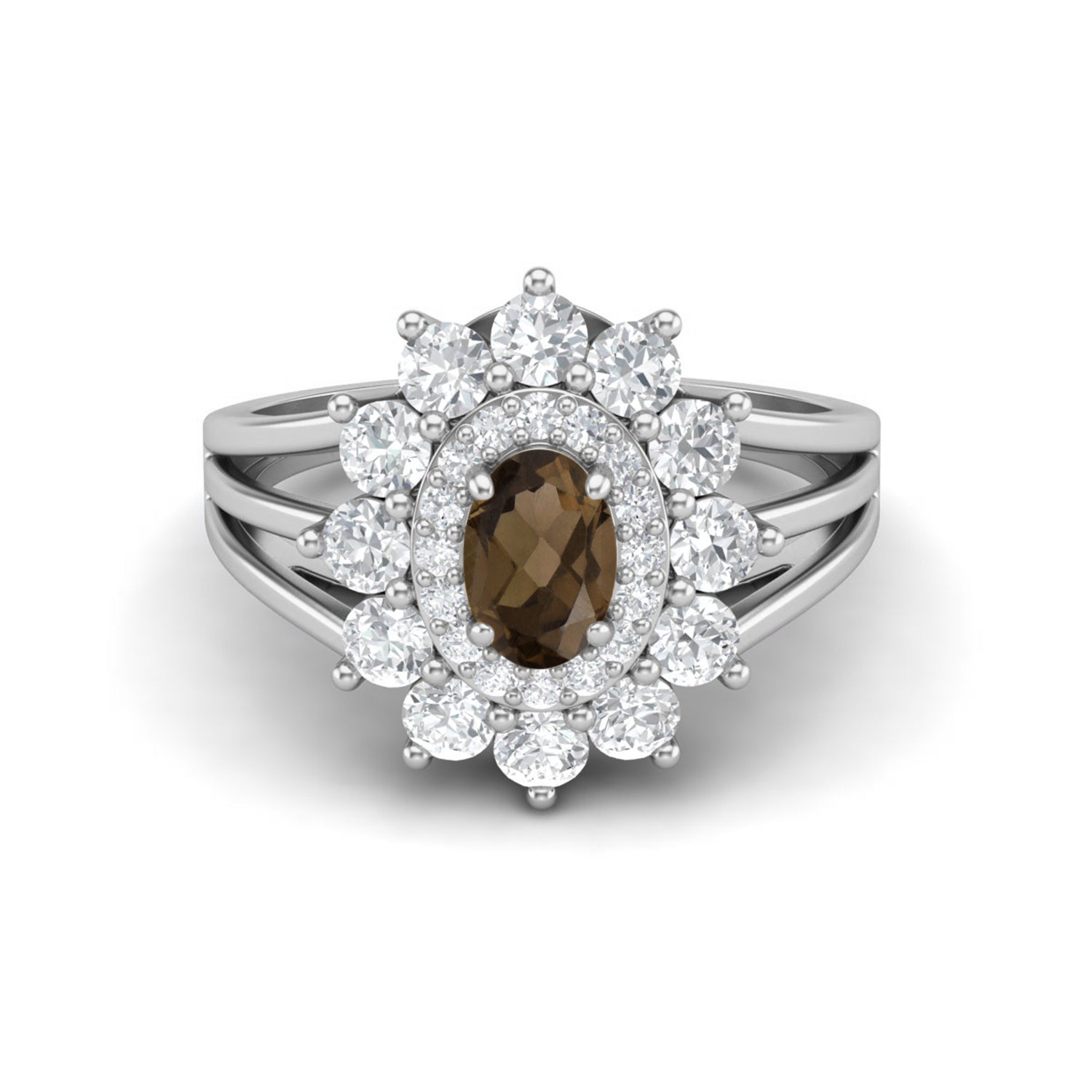 Smoky Quartz Floral Halo Ring - Sterling Silver