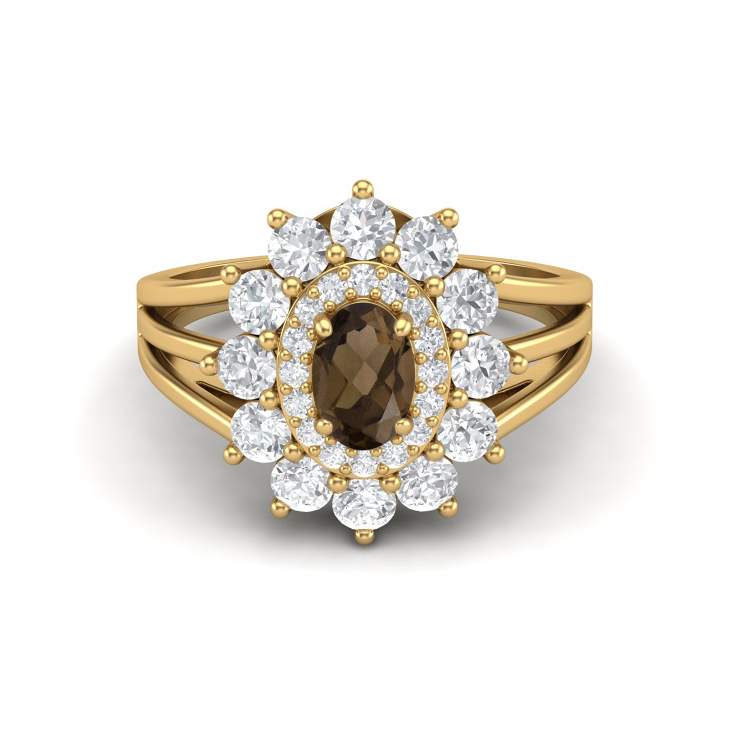 Smoky Quartz Floral Halo Ring - Sterling Silver