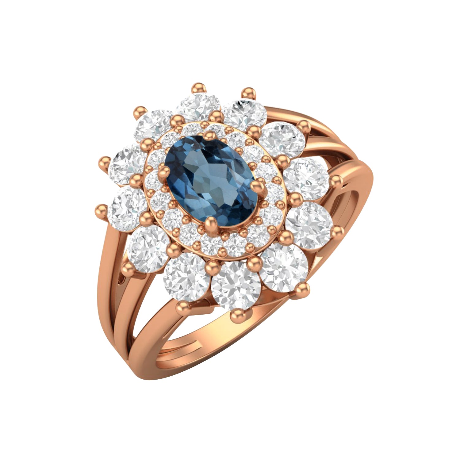London Blue Topaz Floral Halo Split Shank Ring – Sterling Silver
