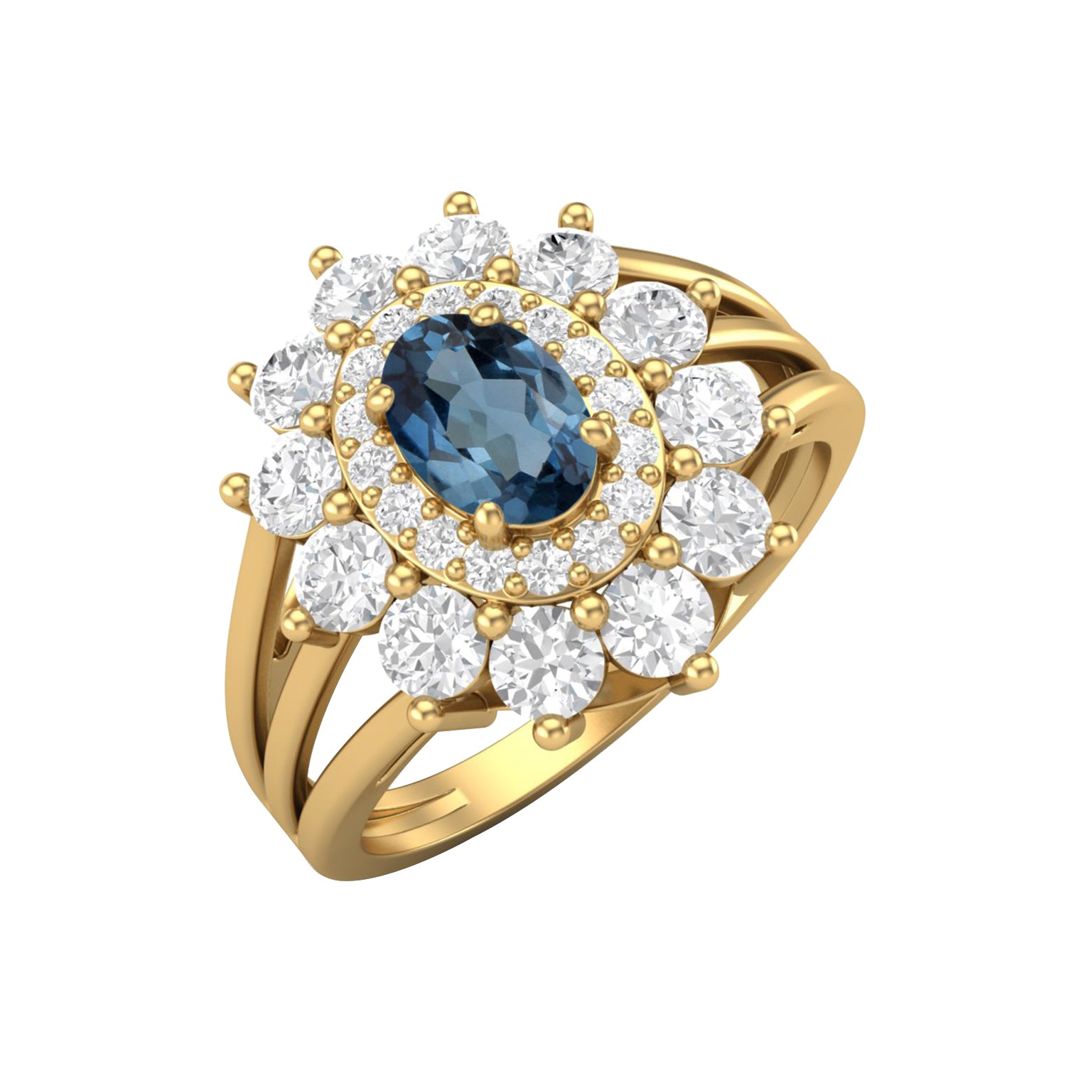 London Blue Topaz Floral Halo Split Shank Ring – Sterling Silver