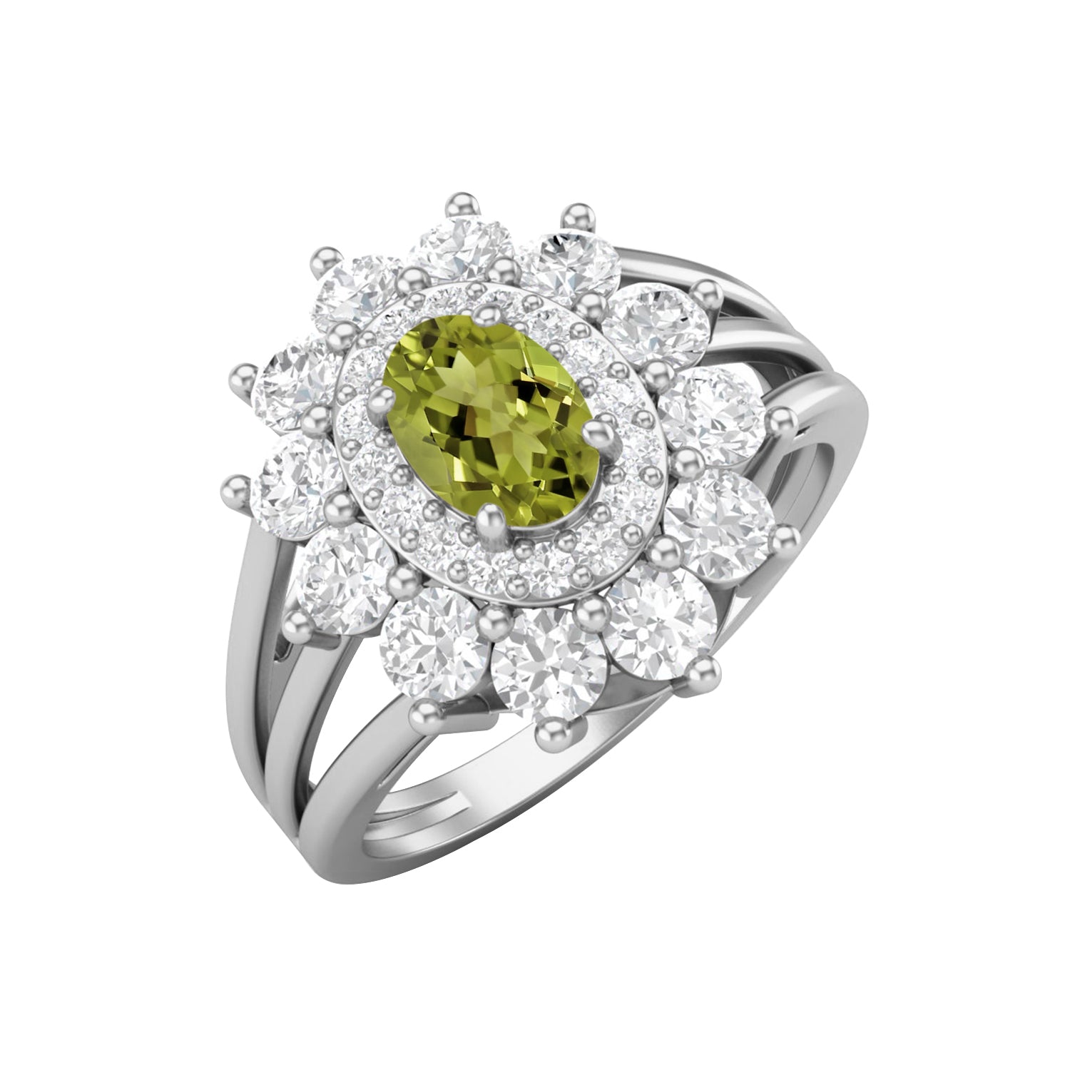 Peridot Floral Halo Ring - Sterling Silver
