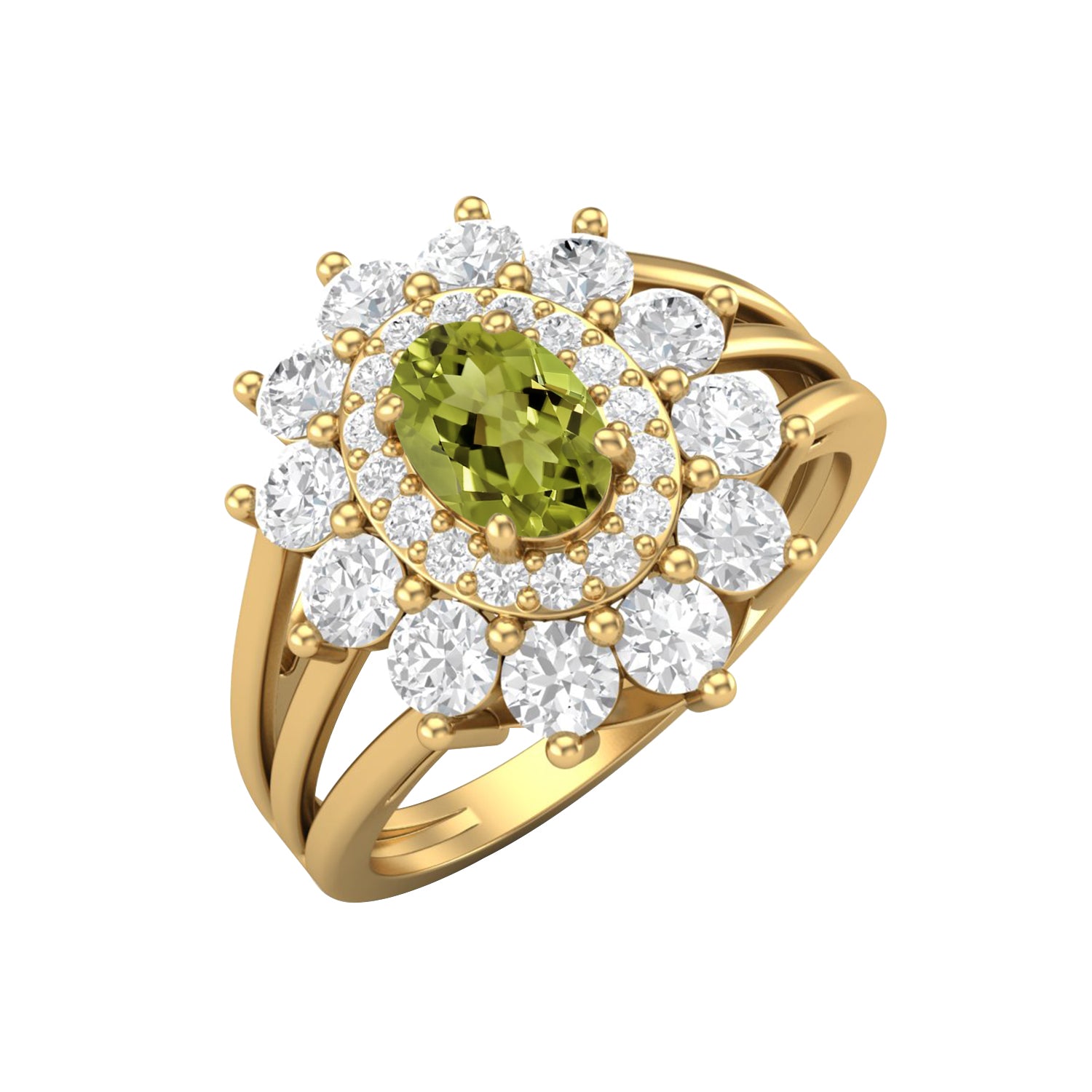 Peridot Floral Halo Ring - Sterling Silver