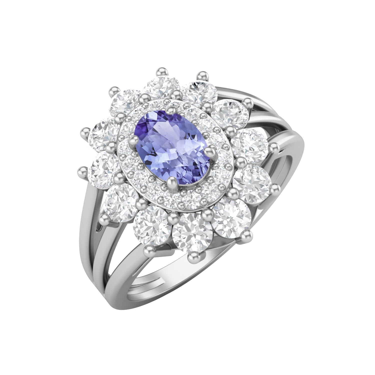Tanzanite Floral Halo Ring - Sterling Silver