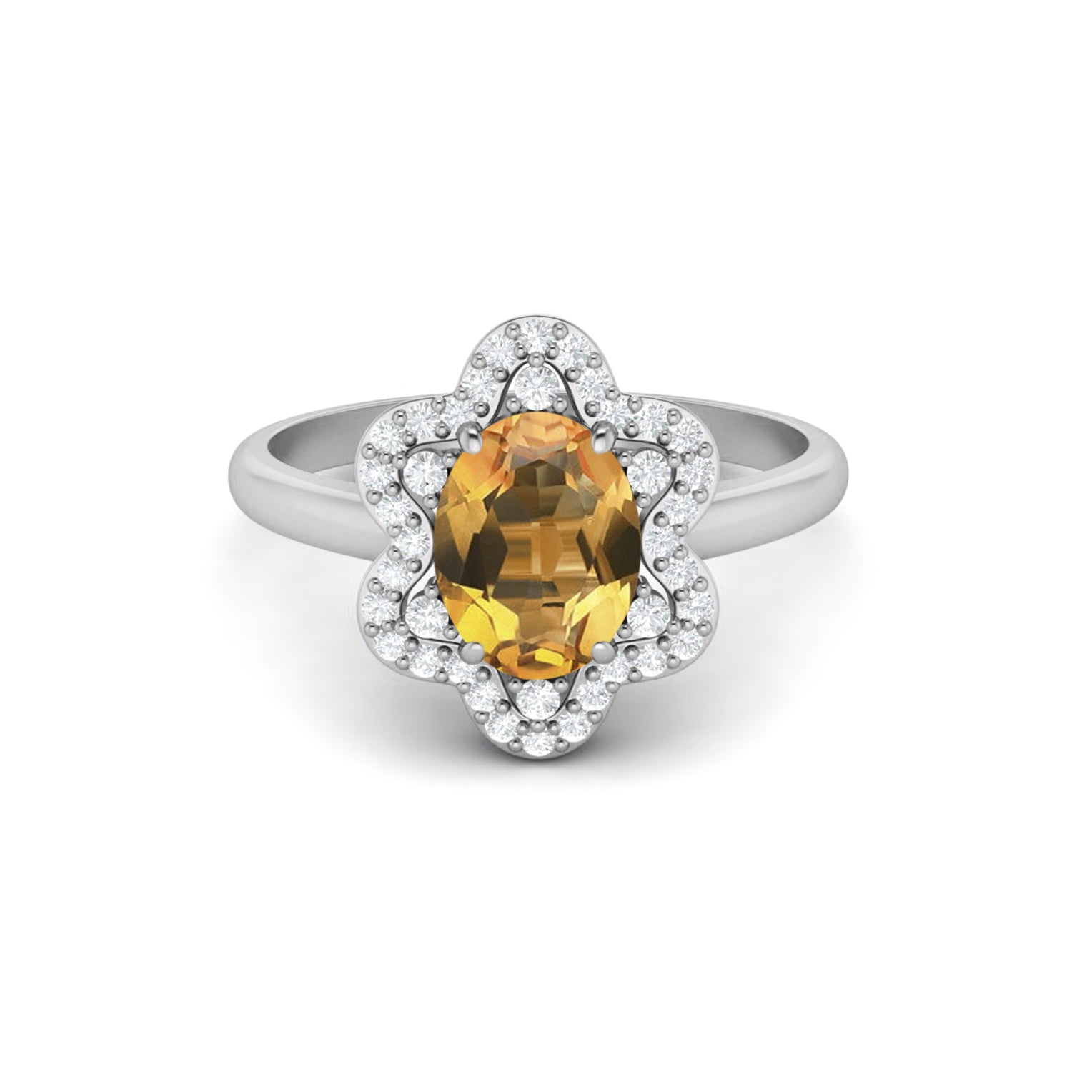 Citrine Floral White Accents Halo Design Ring – Sterling Silver