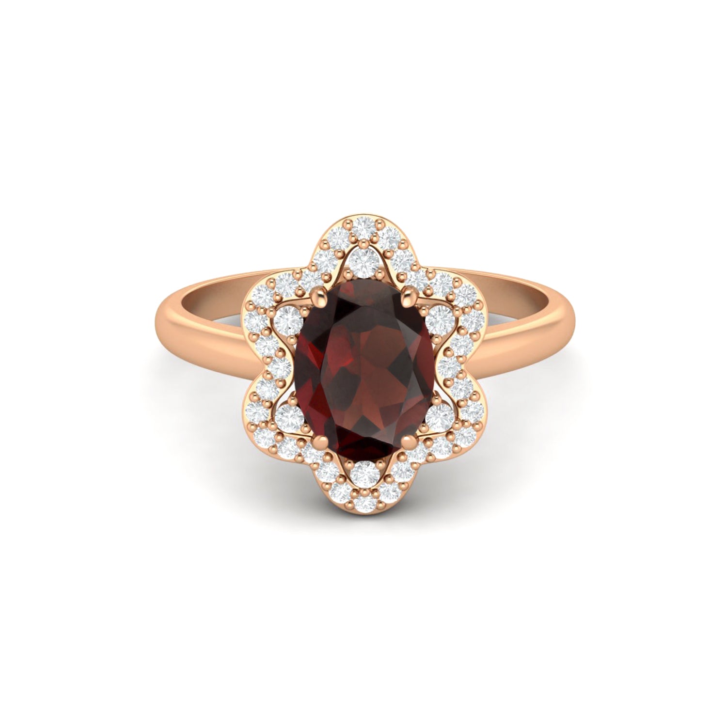 Garnet Oval Cut Floral Halo Ring – Sterling Silver