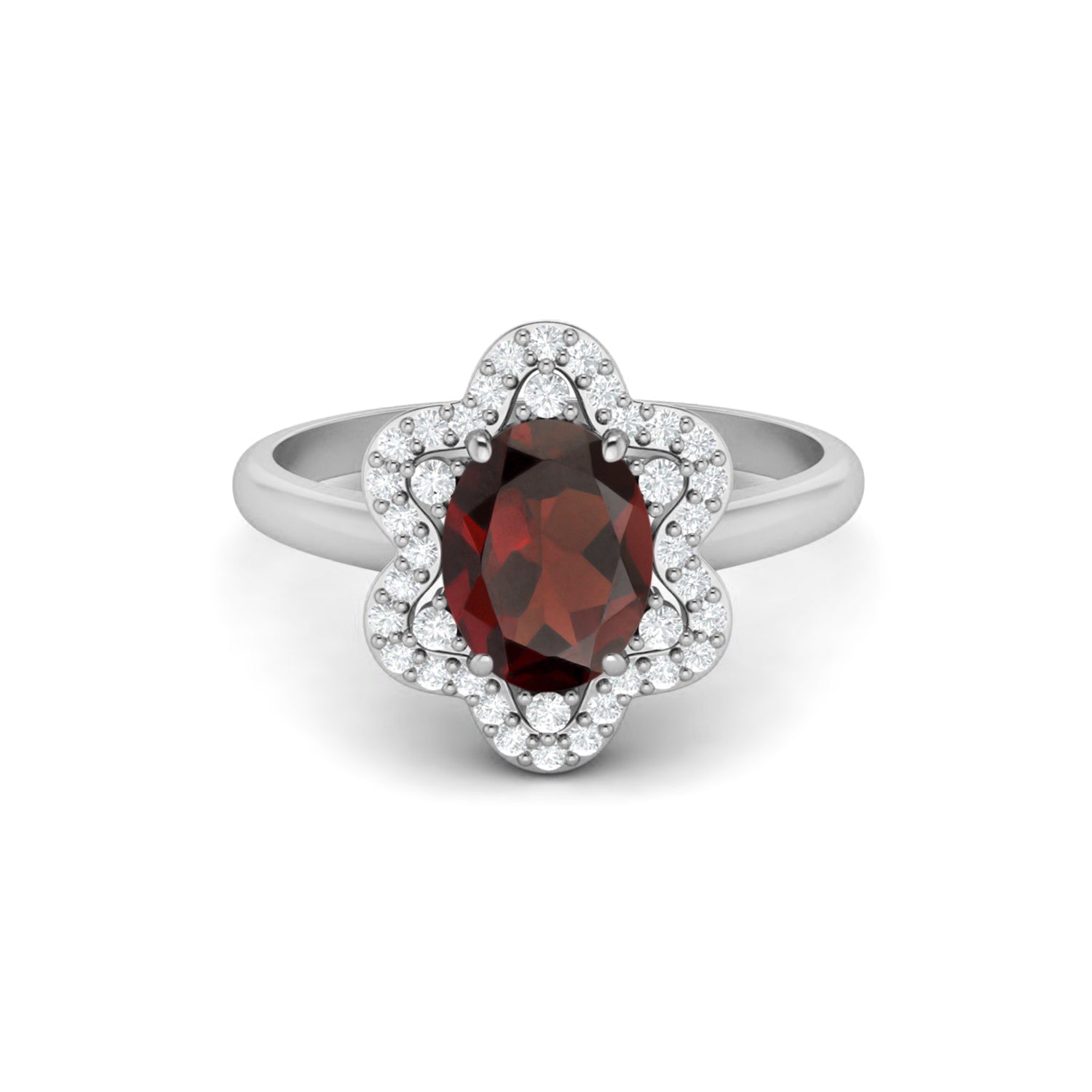 Garnet Oval Cut Floral Halo Ring – Sterling Silver