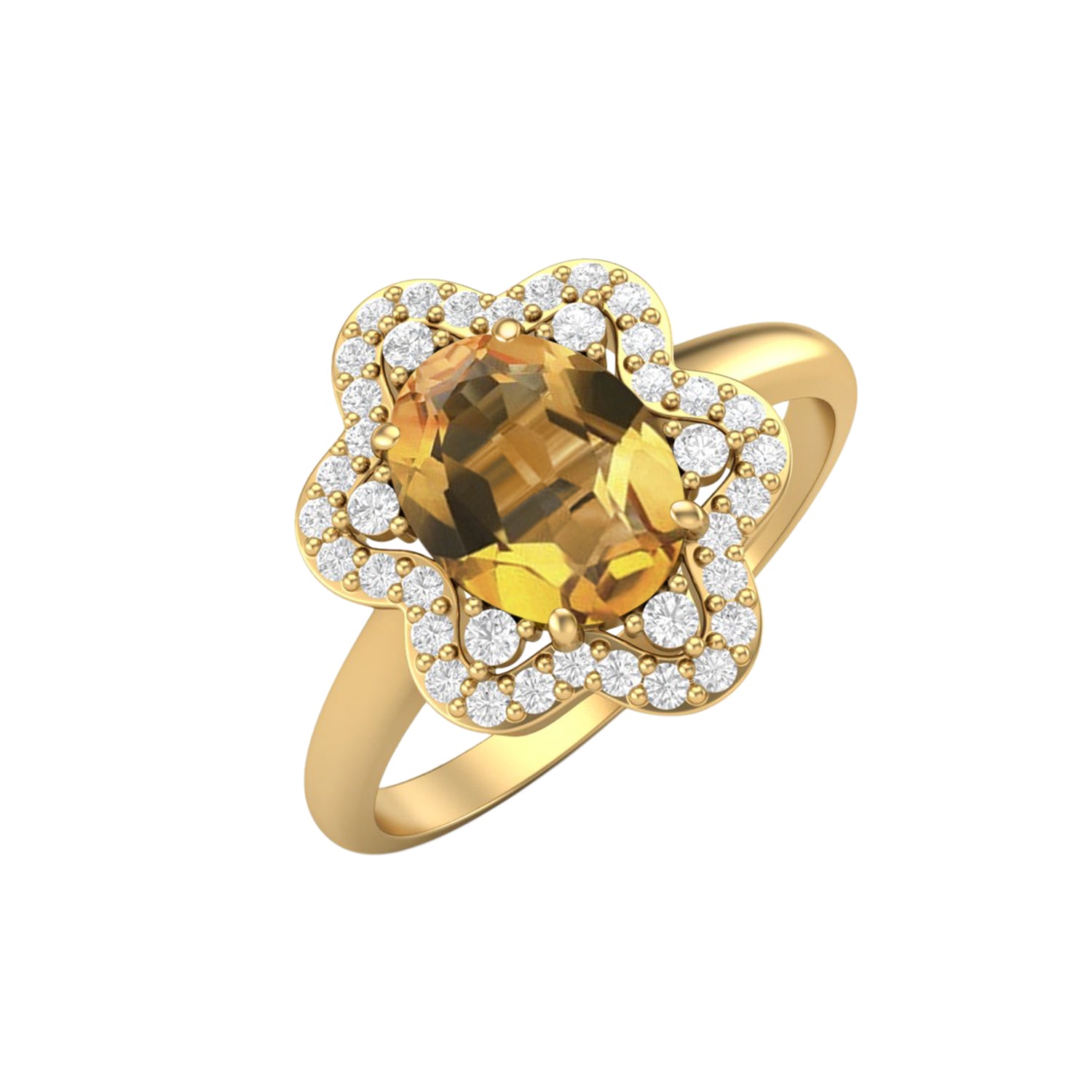 Citrine Floral White Accents Halo Design Ring – Sterling Silver