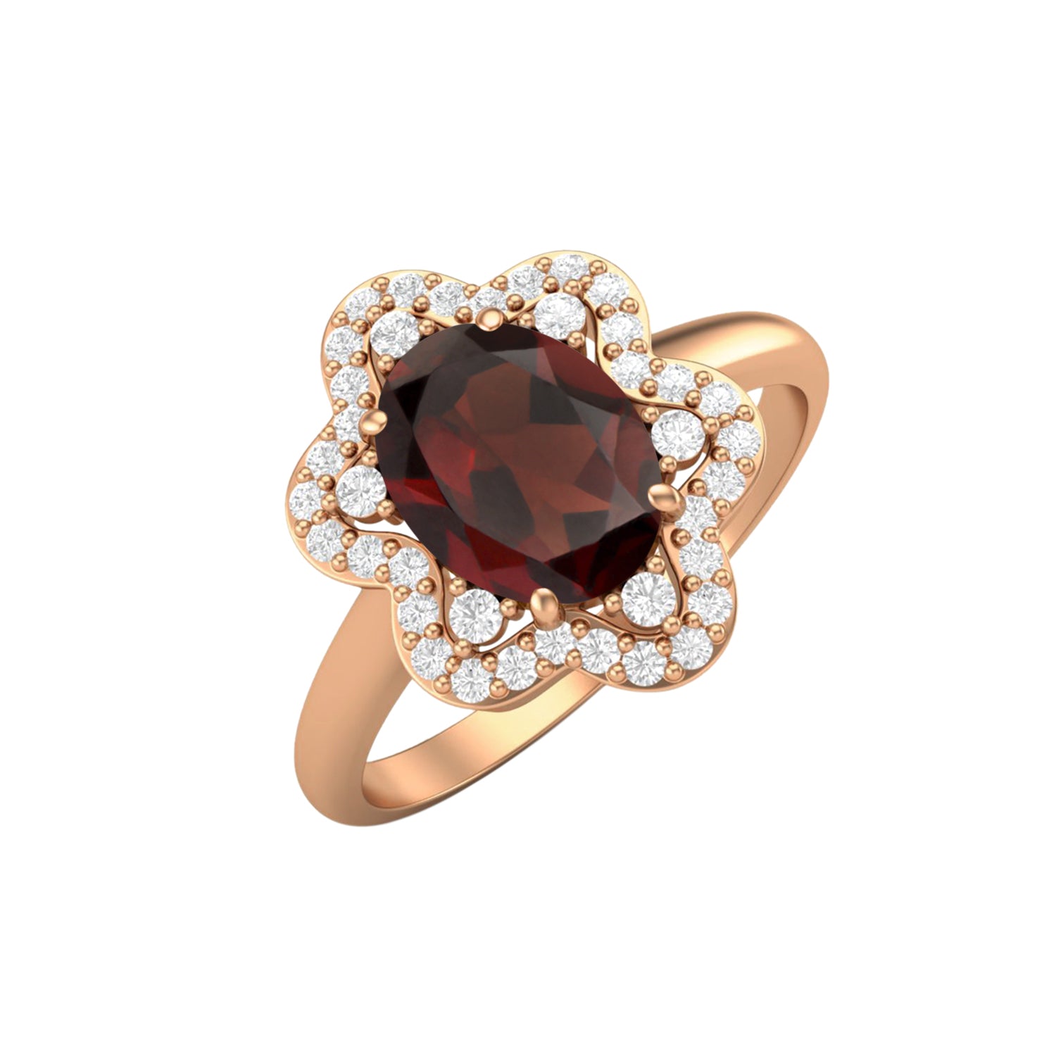 Garnet Oval Cut Floral Halo Ring – Sterling Silver