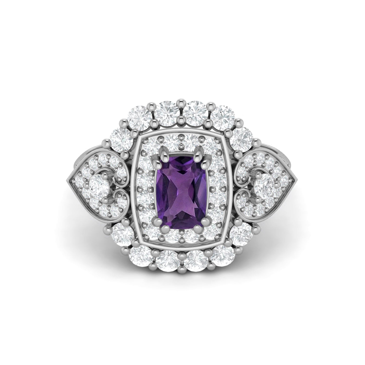 Amethyst Vintage Halo Scroll Design Ring – Sterling Silver