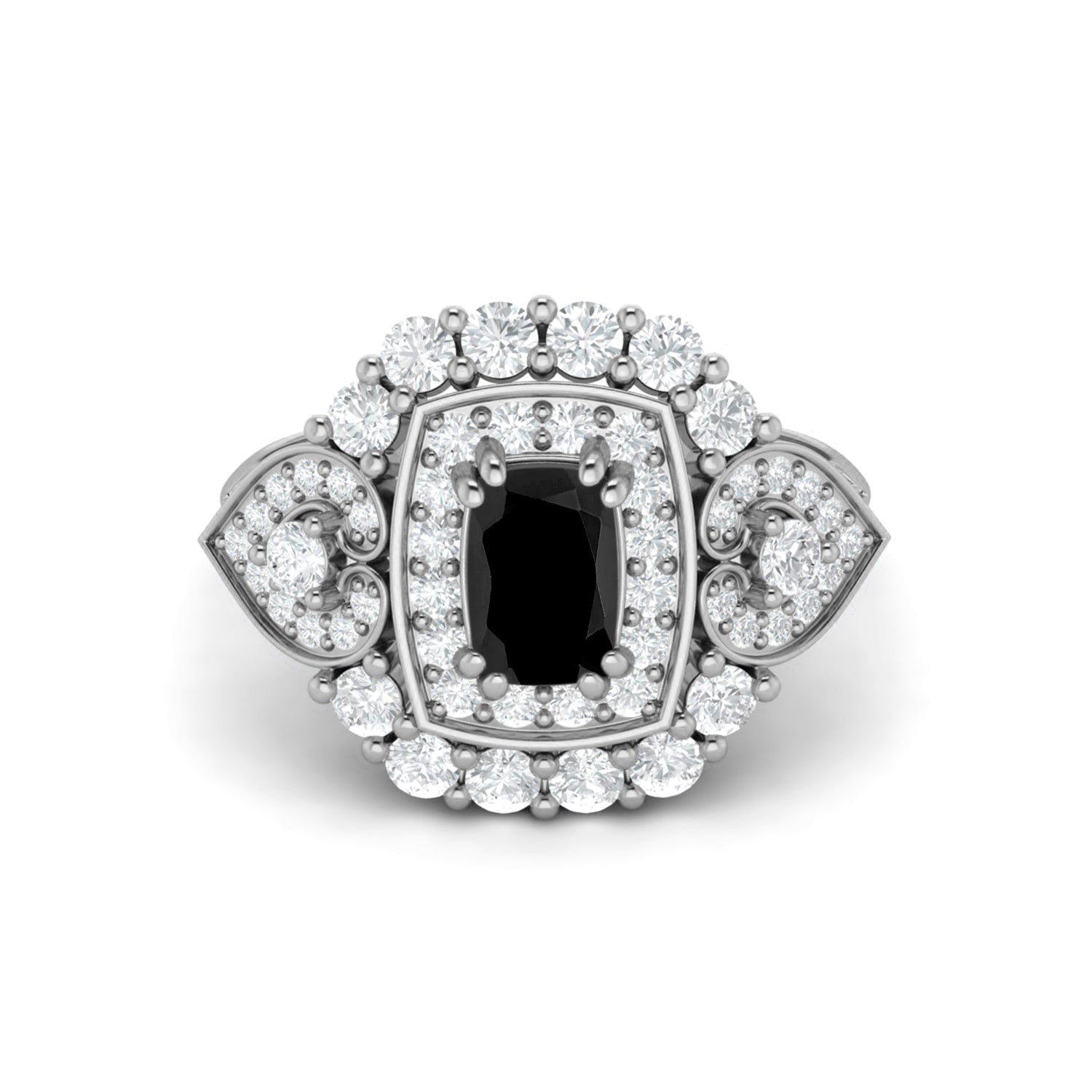 Black Spinel Cushion Halo Statement Ring - Sterling Silver