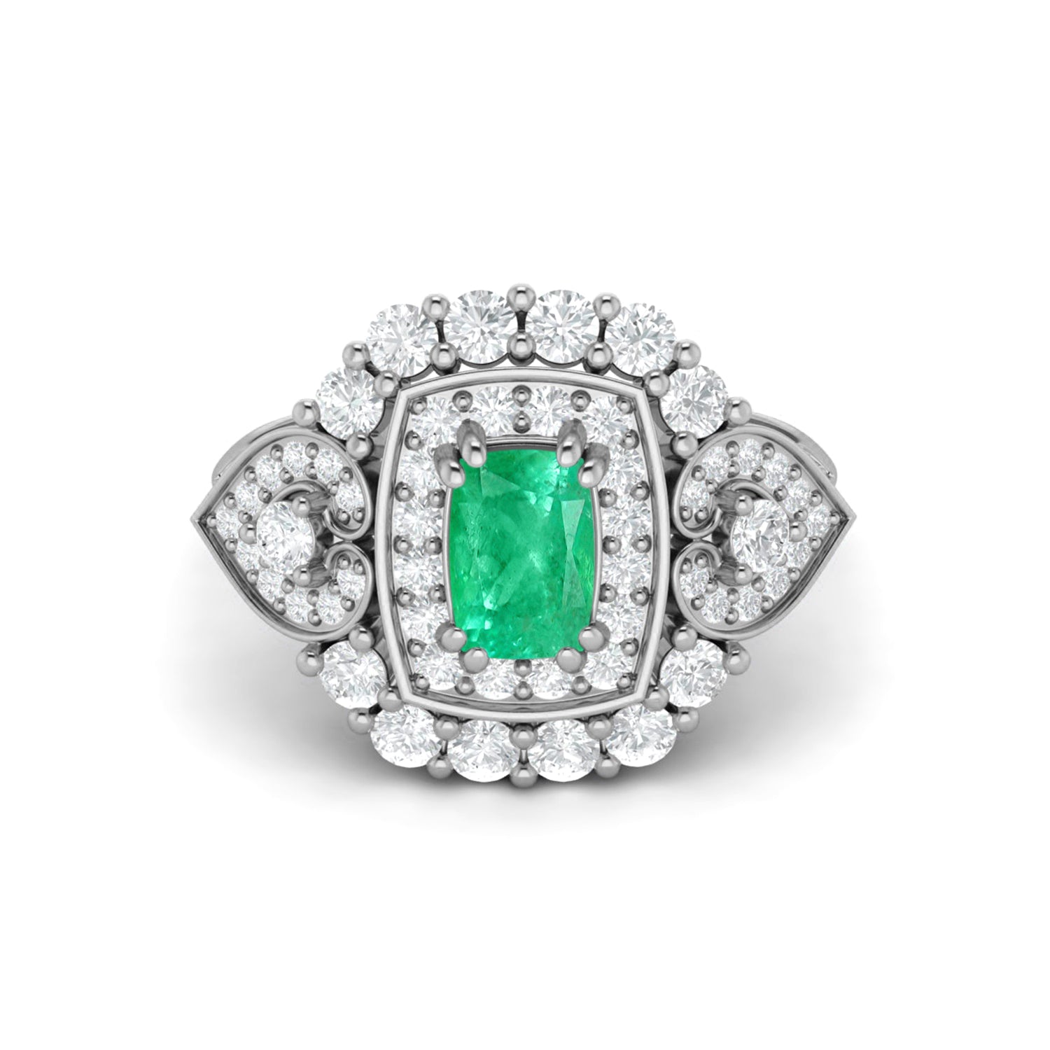 Emerald Cushion Cut Halo Ring - Sterling Silver