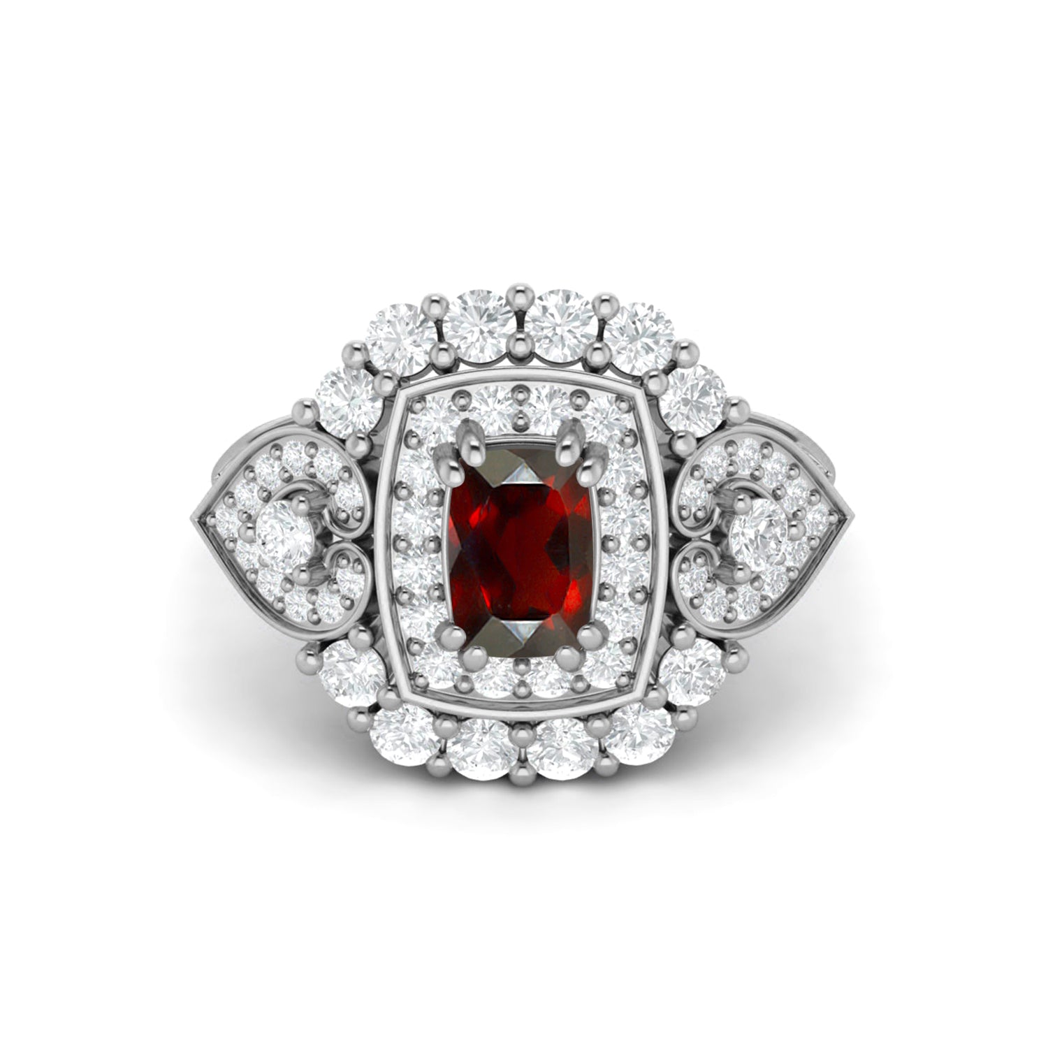 Garnet Heart Accent Design Halo Ring – Sterling Silver