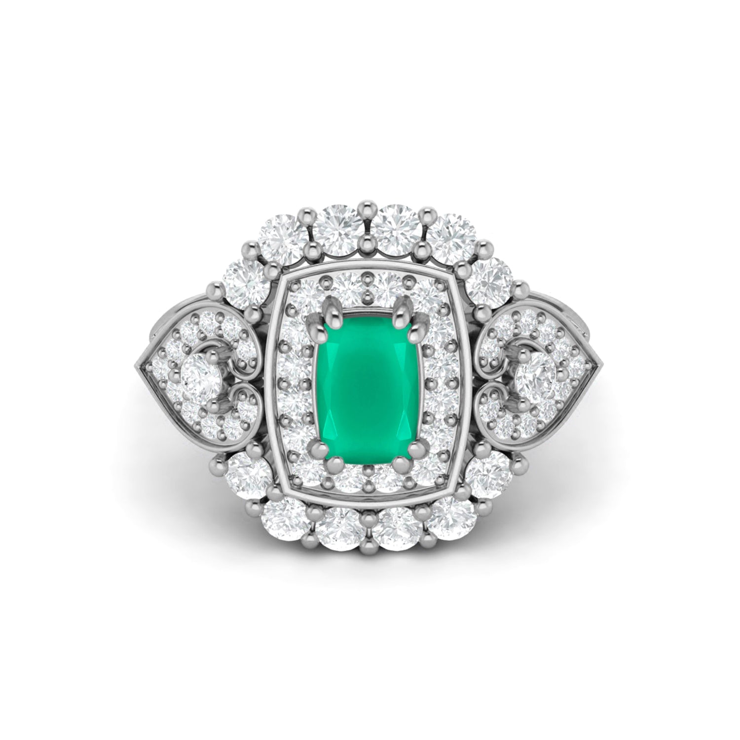 Green Onyx Cushion Halo Statement Ring - Sterling Silver