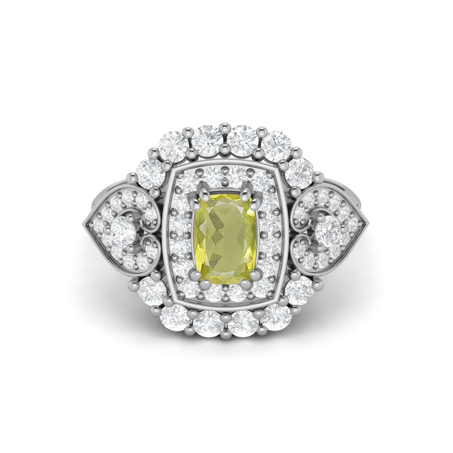 Lemon Quartz Cushion Halo Statement Ring - Sterling Silver