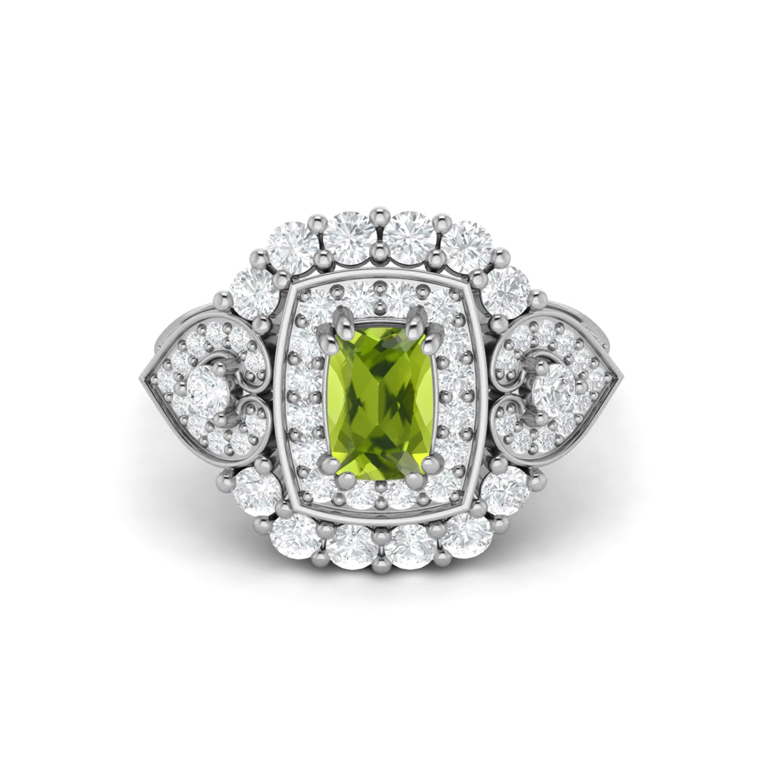 Peridot Cushion Halo Statement Ring - Sterling Silver
