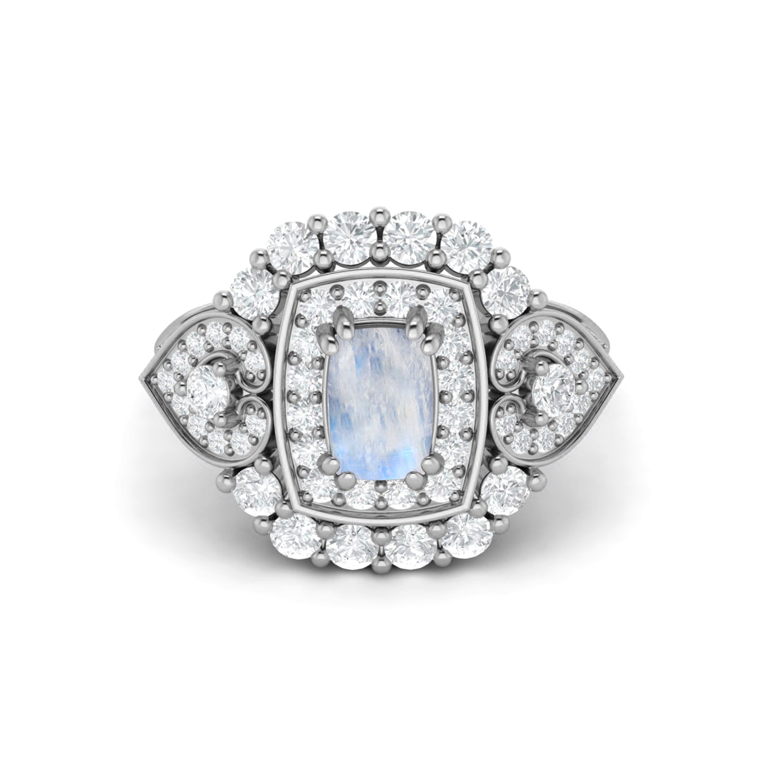Moonstone Cushion Halo Statement Ring - Sterling Silver
