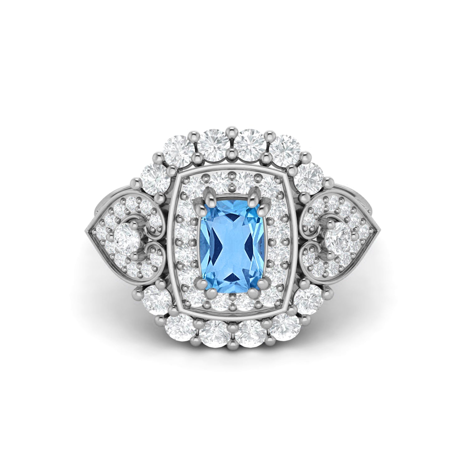 Swiss Blue Topaz Cushion Halo Statement Ring - Sterling Silver