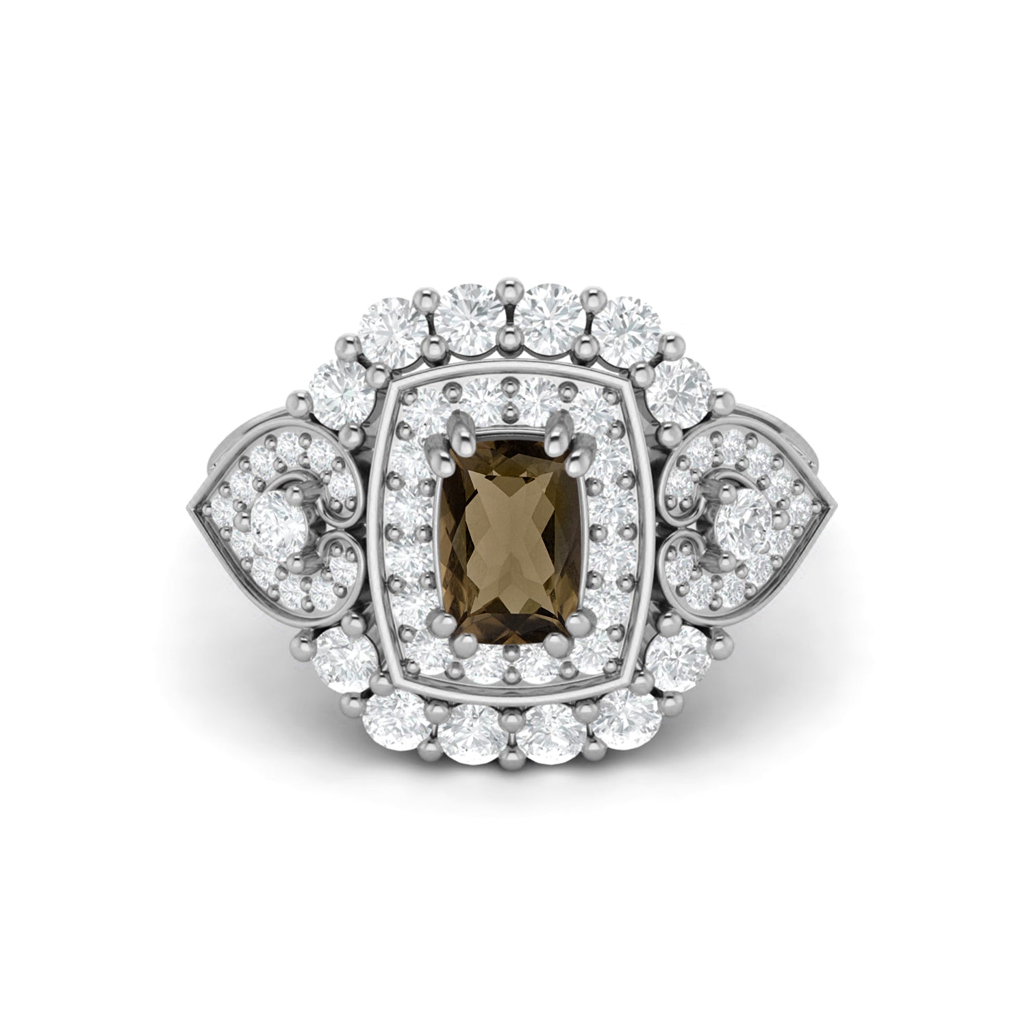 Smoky Quartz Cushion Halo Statement Ring - Sterling Silver