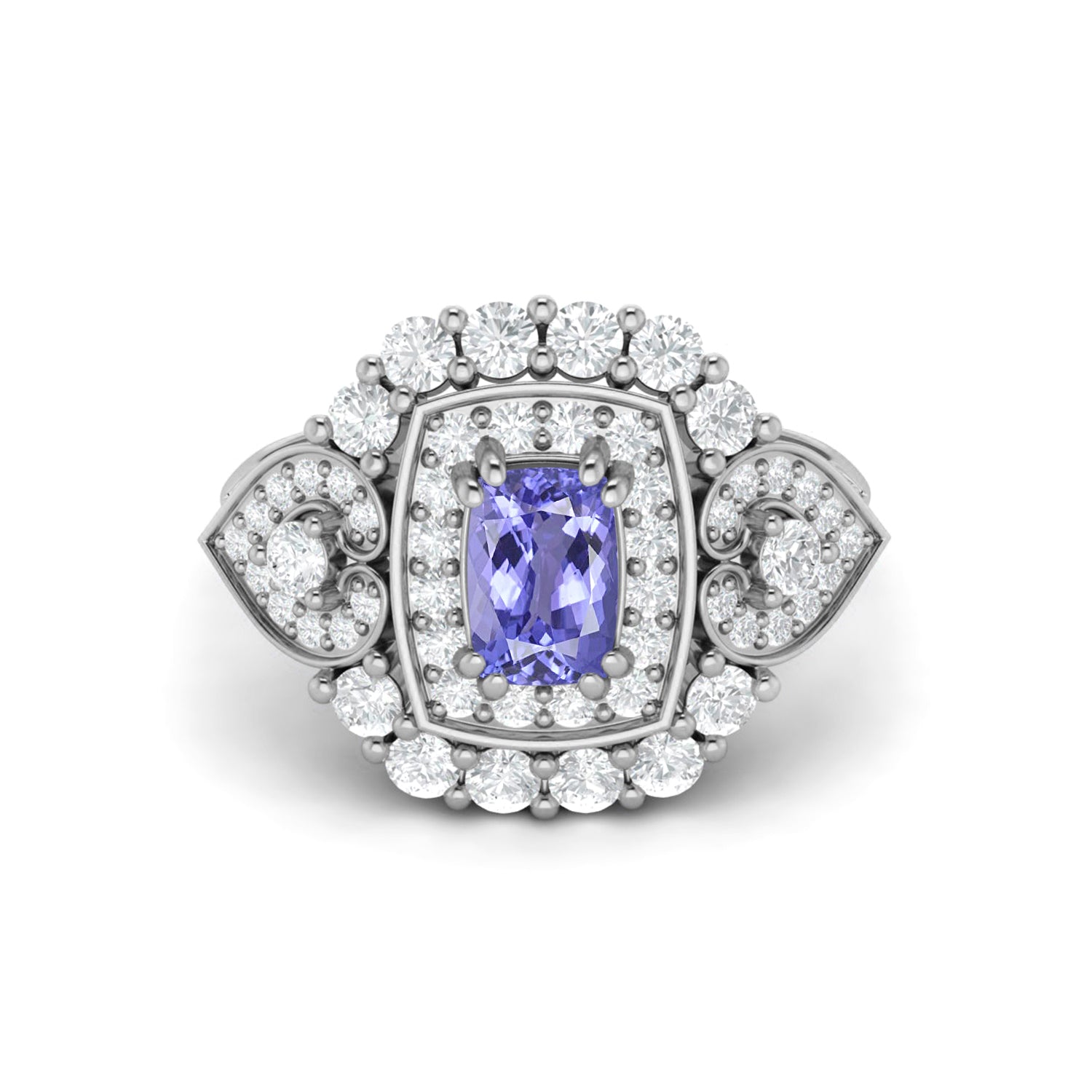 Tanzanite Cushion Halo Statement Ring - Sterling Silver