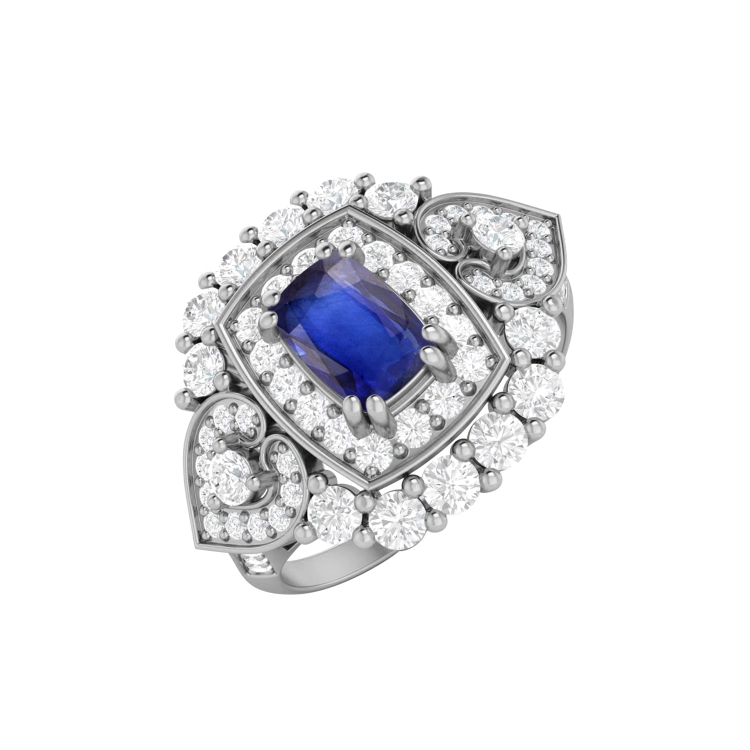Blue Sapphire Halo Statement Ring - Sterling Silver