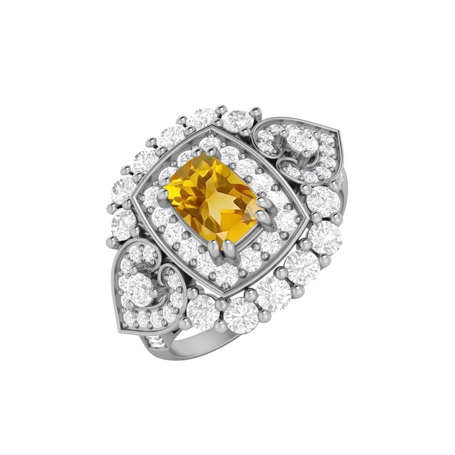 Citrine Cushion Cut Halo Ring - Sterling Silver