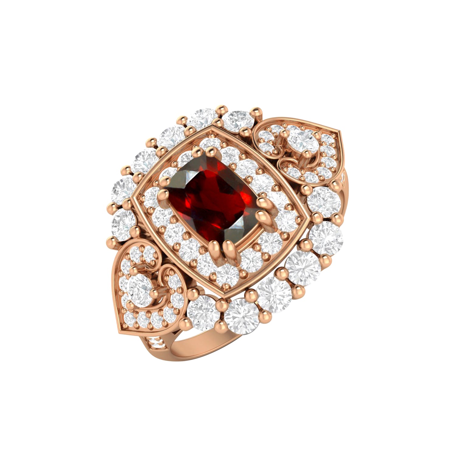 Garnet Heart Accent Design Halo Ring – Sterling Silver