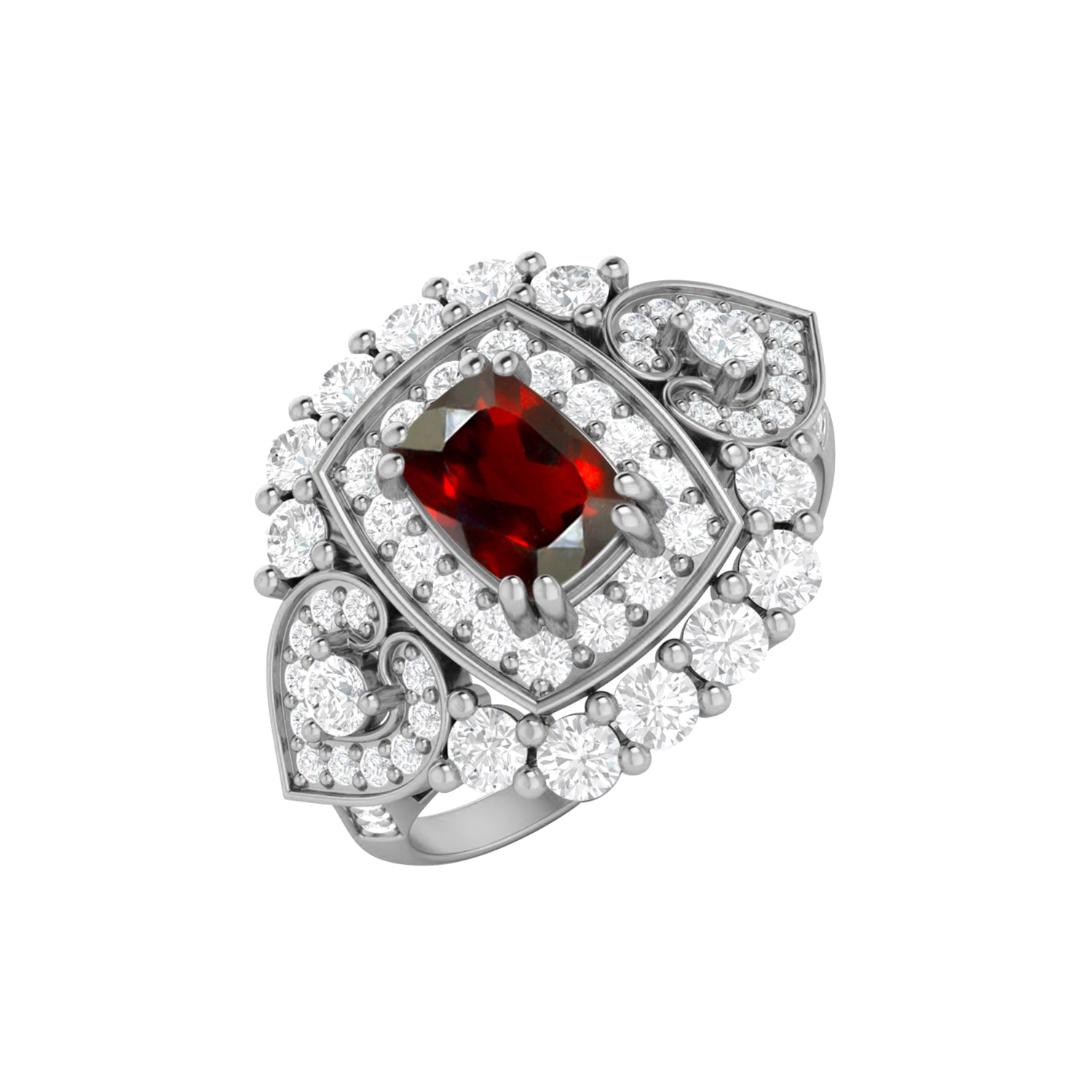 Garnet Heart Accent Design Halo Ring – Sterling Silver