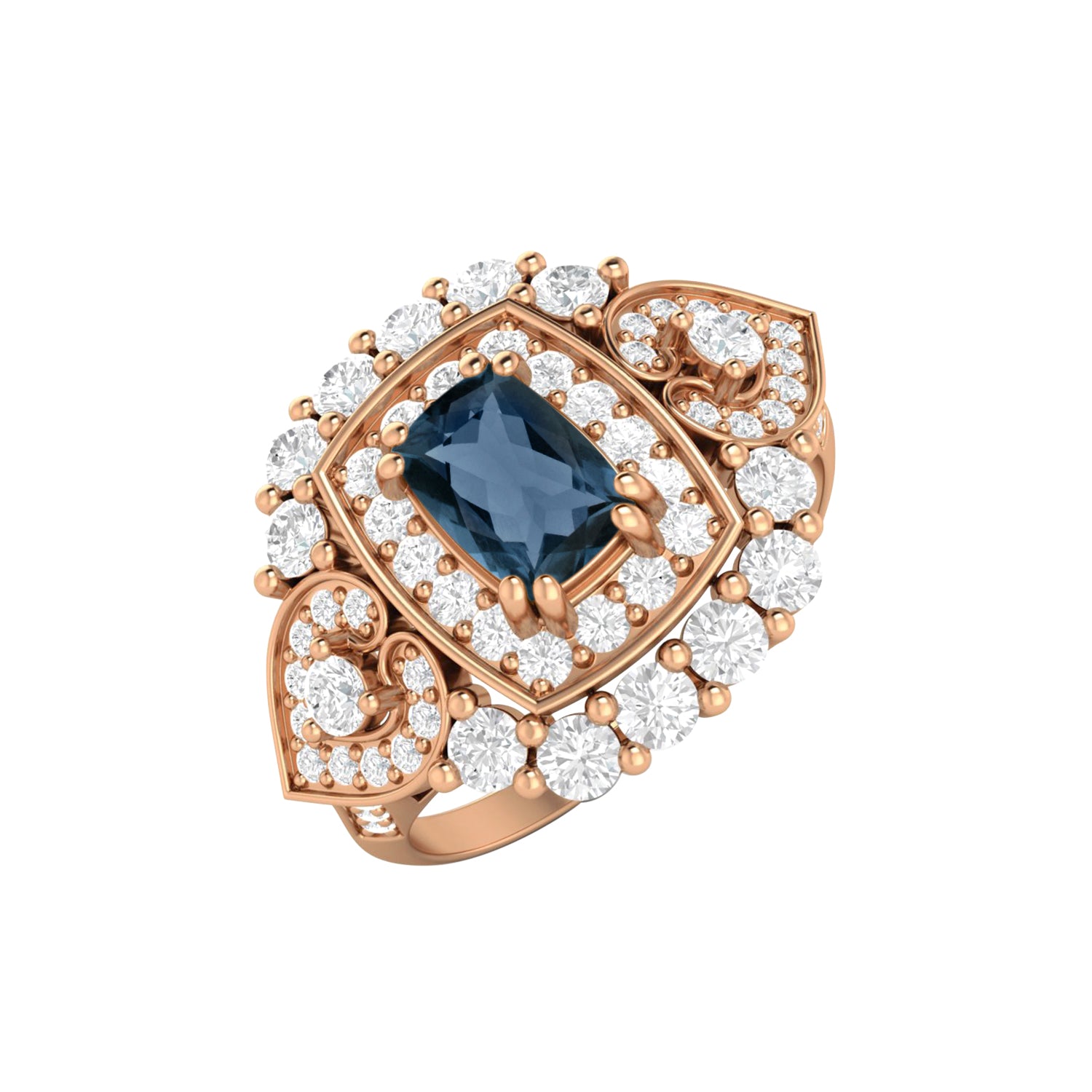 London Blue Topaz Vintage Halo Scroll Design Ring – Sterling Silver