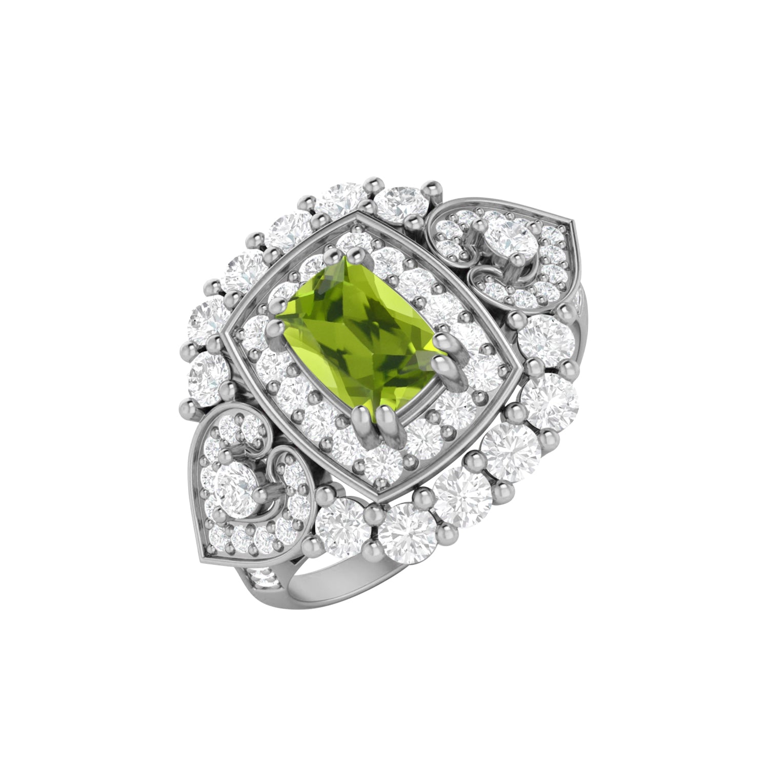 Peridot Cushion Halo Statement Ring - Sterling Silver