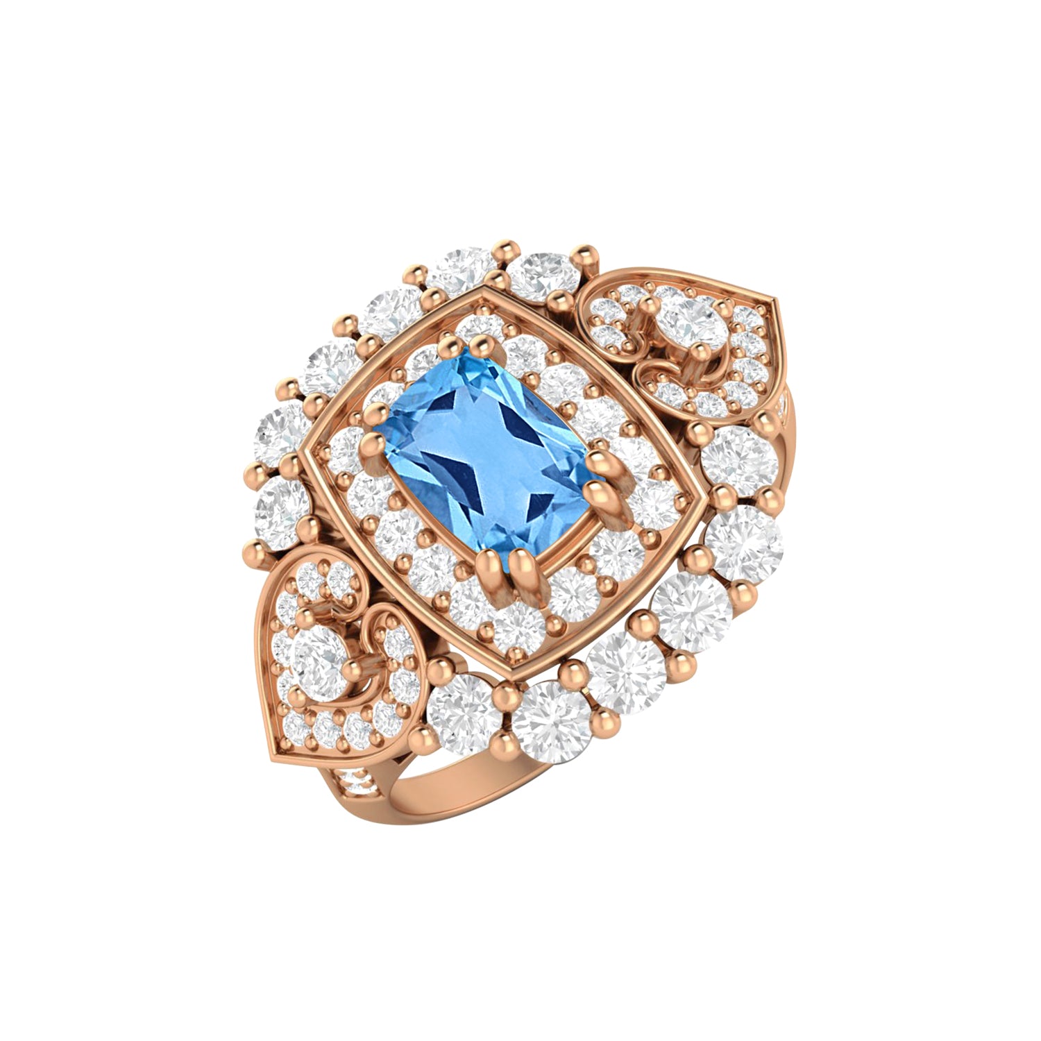 Swiss Blue Topaz Cushion Halo Statement Ring - Sterling Silver