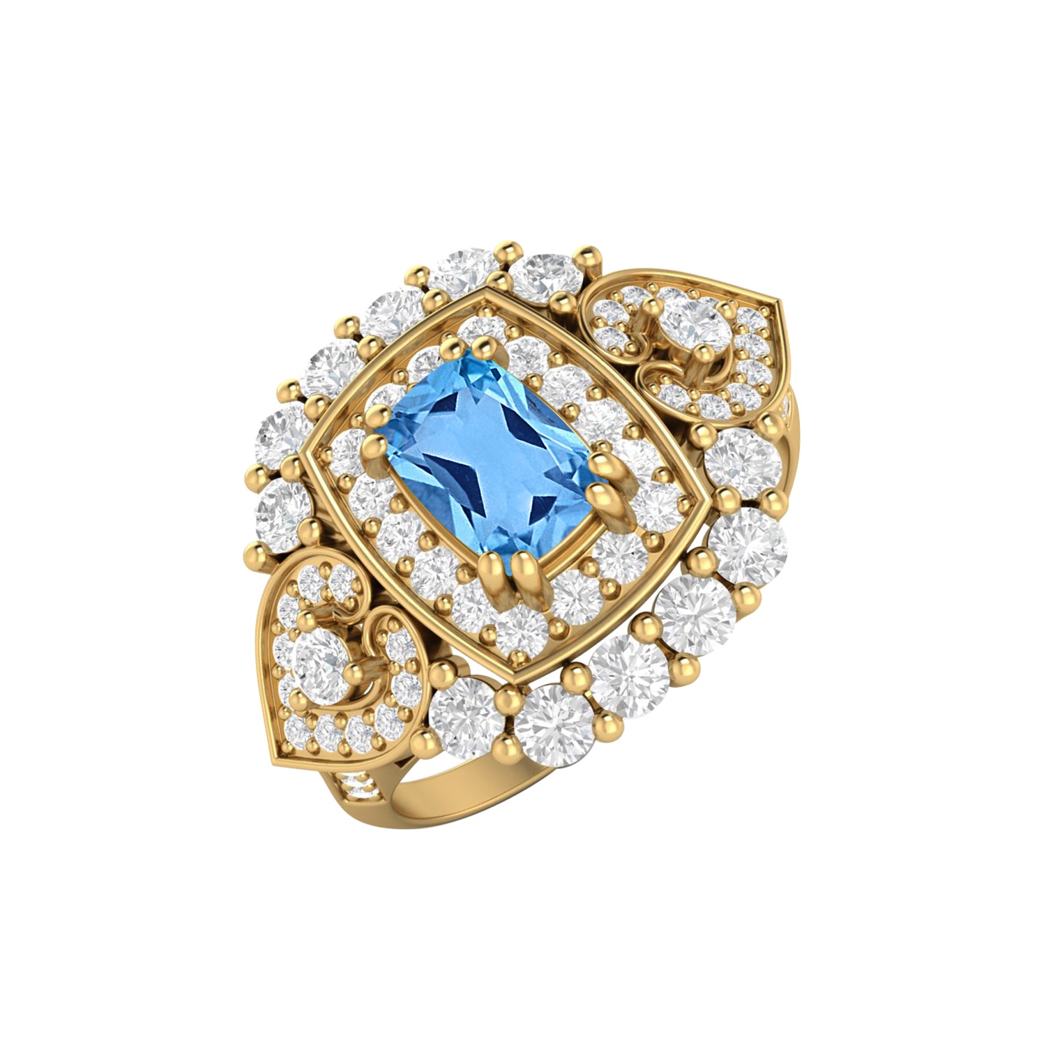 Swiss Blue Topaz Cushion Halo Statement Ring - Sterling Silver