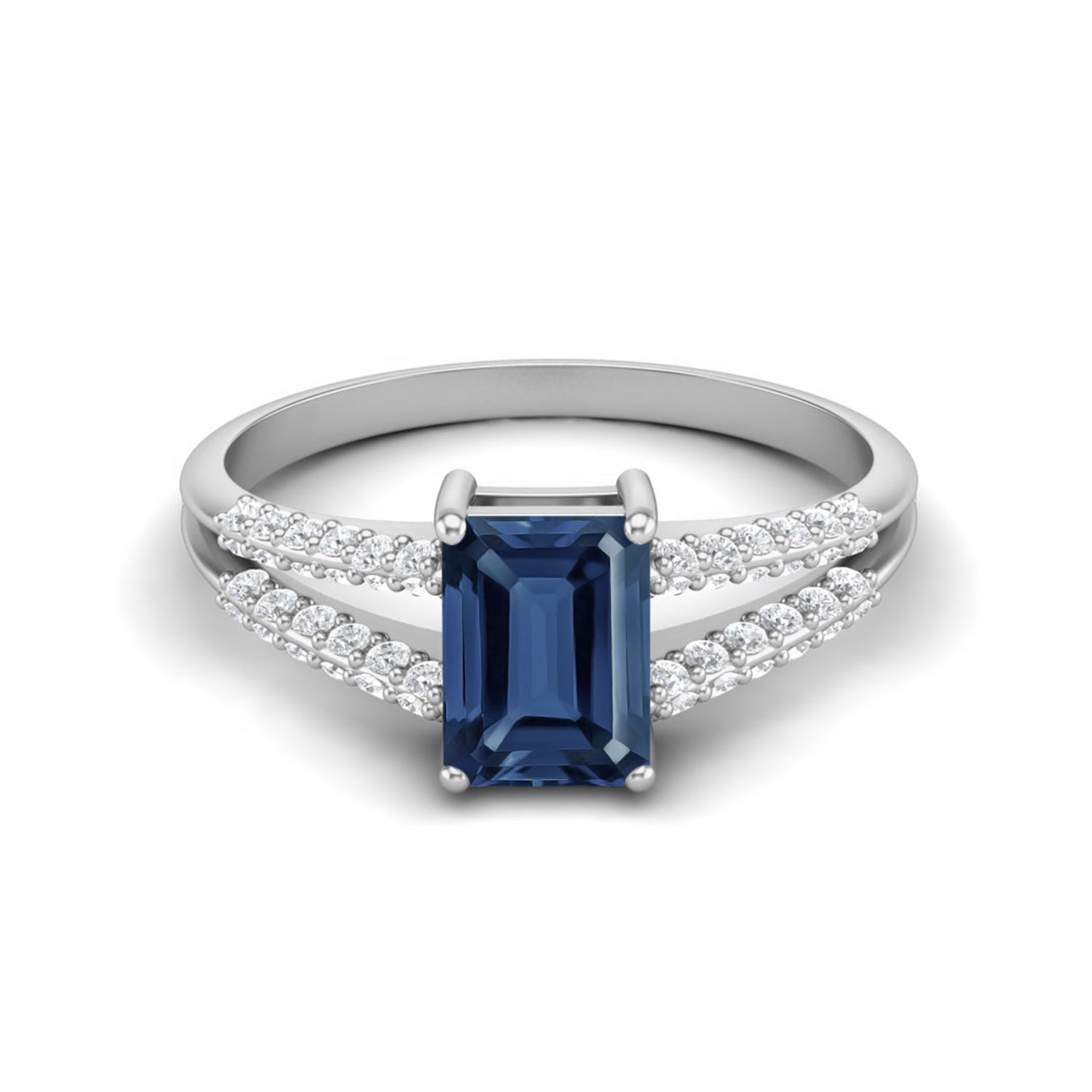 Blue Sapphire Split Shank Ring - Sterling Silver