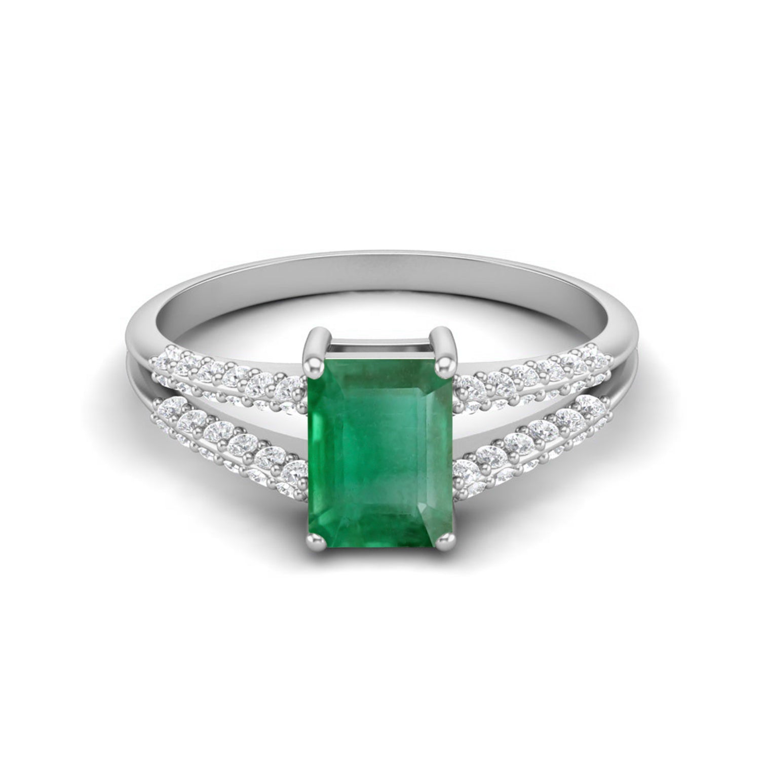 Emerald Split Shank Engagement Ring – Sterling Silver