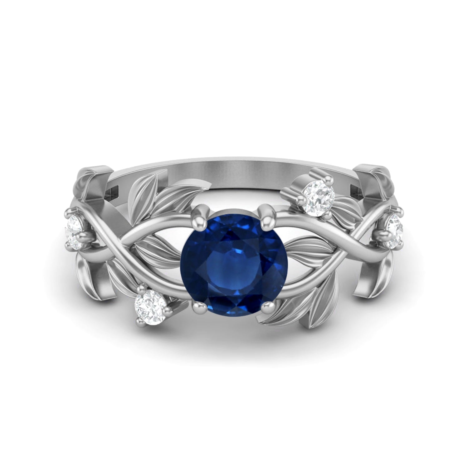 Anello nuziale vintage con zaffiro blu e design a foglia a forma rotonda