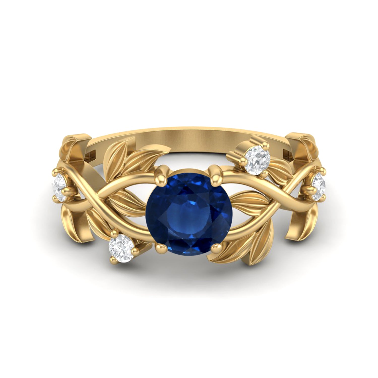Anello nuziale vintage con zaffiro blu e design a foglia a forma rotonda