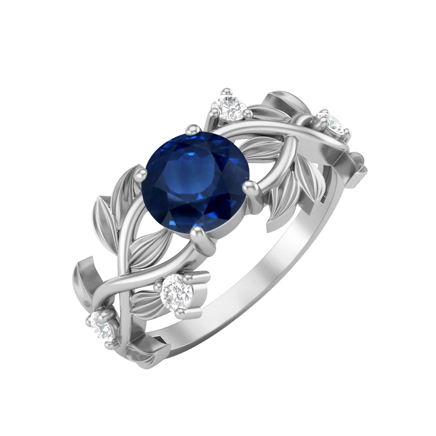 Anello nuziale vintage con zaffiro blu e design a foglia a forma rotonda