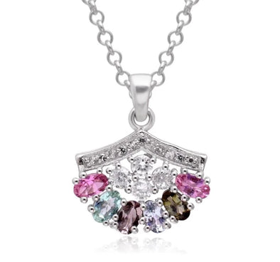 Oval Shaped Multi Tourmaline Necklace For Women 925 Sterling Silver Accent Stone Pendant