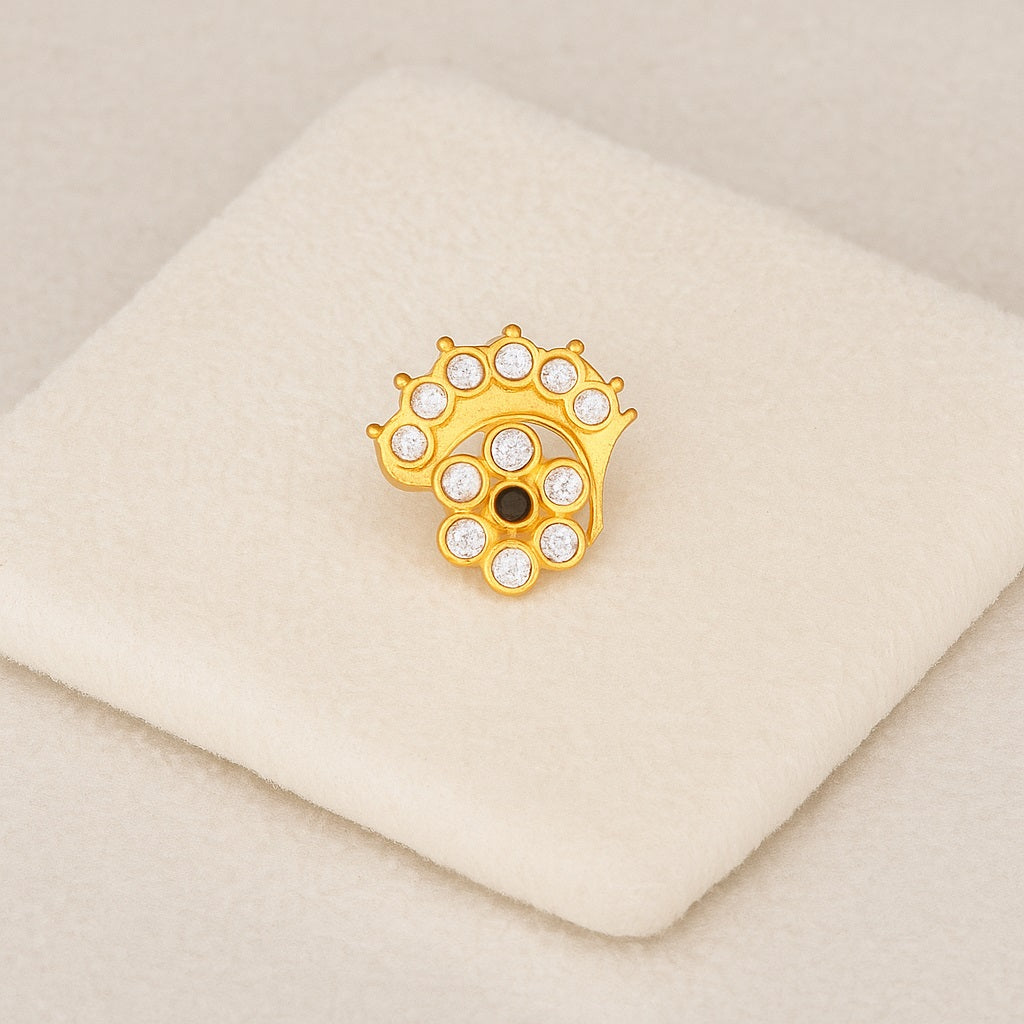 White & Black CZ Floral Crown Motif Nose Pin - Sterling Silver Gols Plated