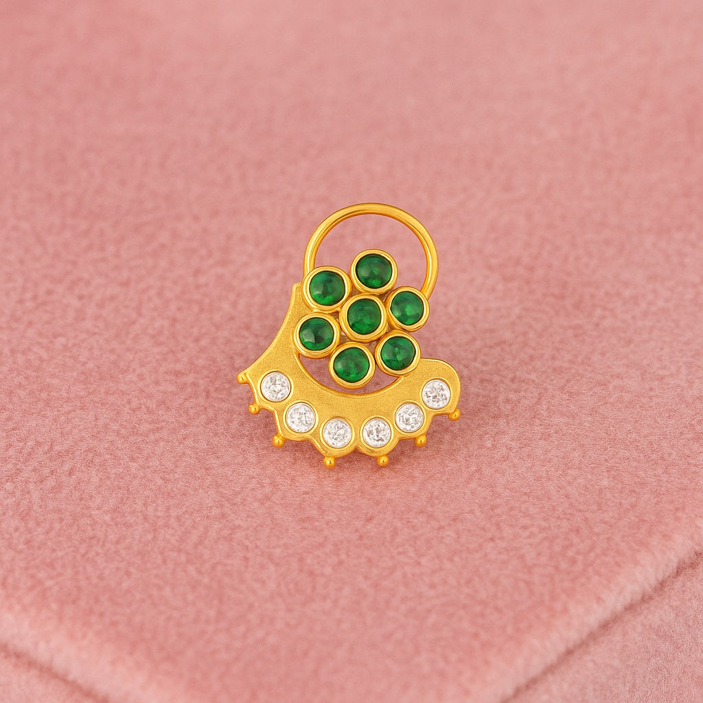reen & White CZ Floral Arc Motif Nose Pin - Sterling Silver Gold Plated