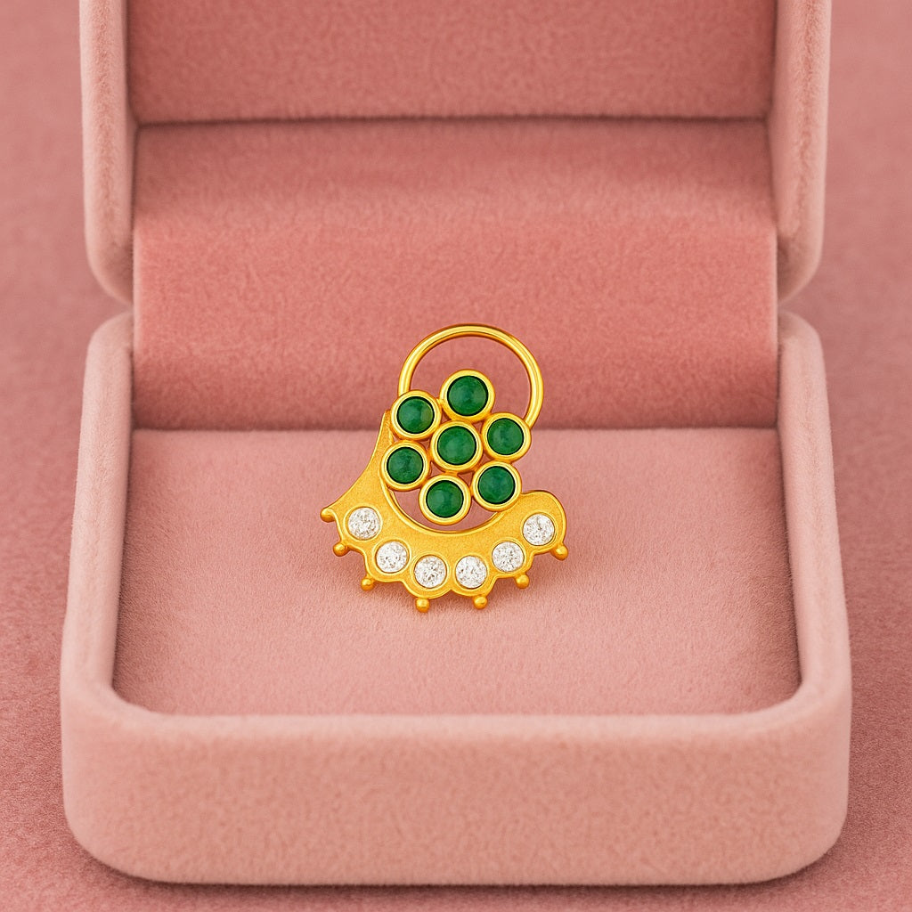 reen & White CZ Floral Arc Motif Nose Pin - Sterling Silver Gold Plated