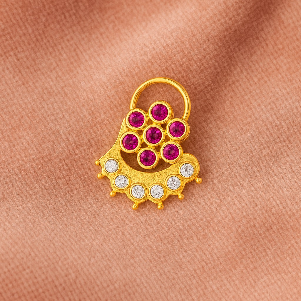 Ruby Pink & White CZ Floral Arc Motif Nose Pin - Sterling Silver Gold Plated
